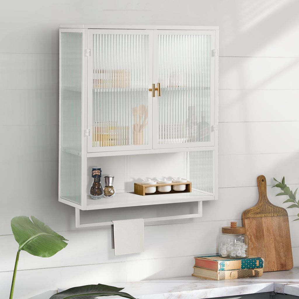 23.62'Glass Doors Modern Two-door Wall Cabinet with Featuring Two-tier Enclosed Storage, an Open Shelf, and Towel Rack, for Entryway Living Room Bathroom Dining Room - Grand Goldman Shop