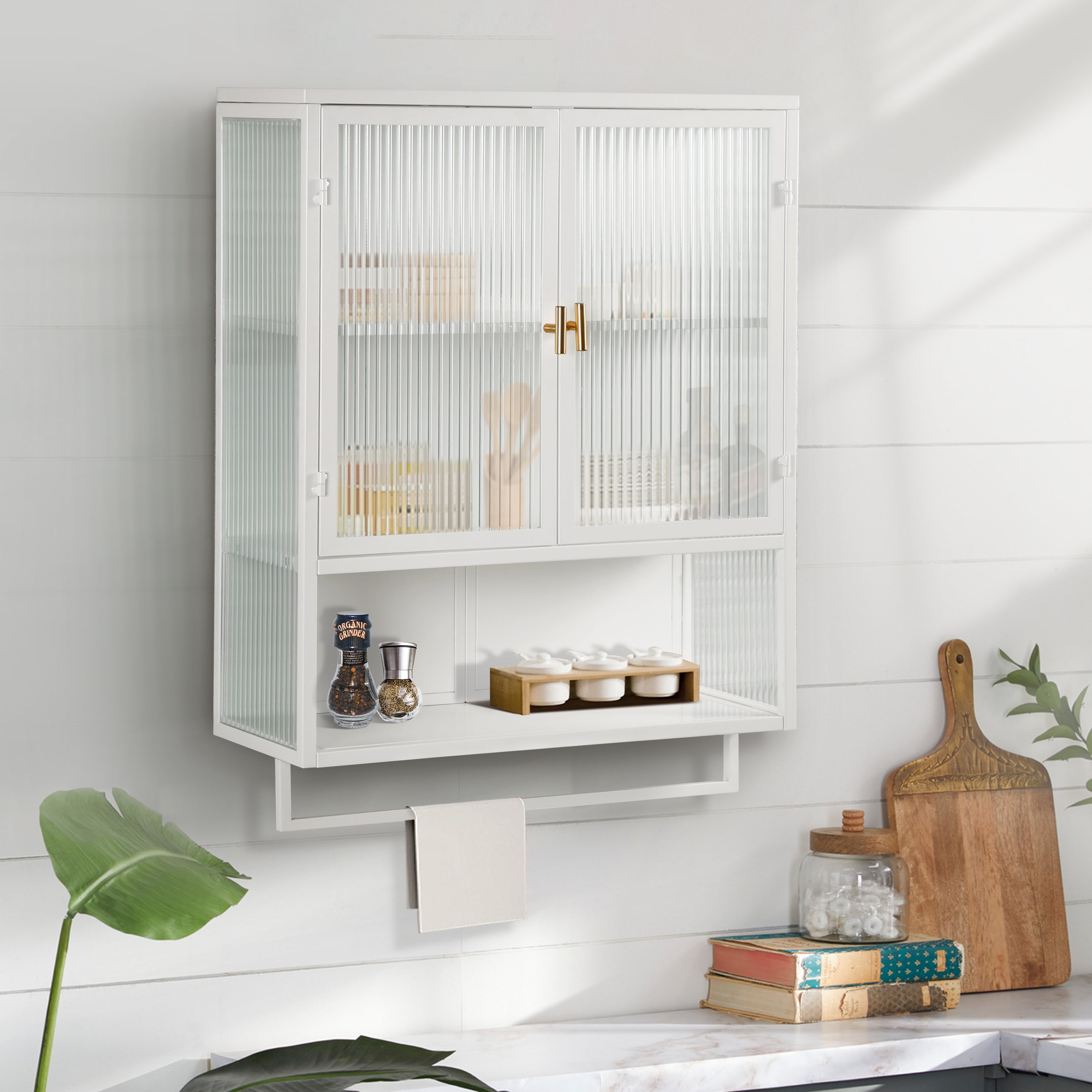 23.62'Glass Doors Modern Two-door Wall Cabinet with Featuring Two-tier Enclosed Storage, an Open Shelf, and Towel Rack, for Entryway Living Room Bathroom Dining Room - Grand Goldman Shop
