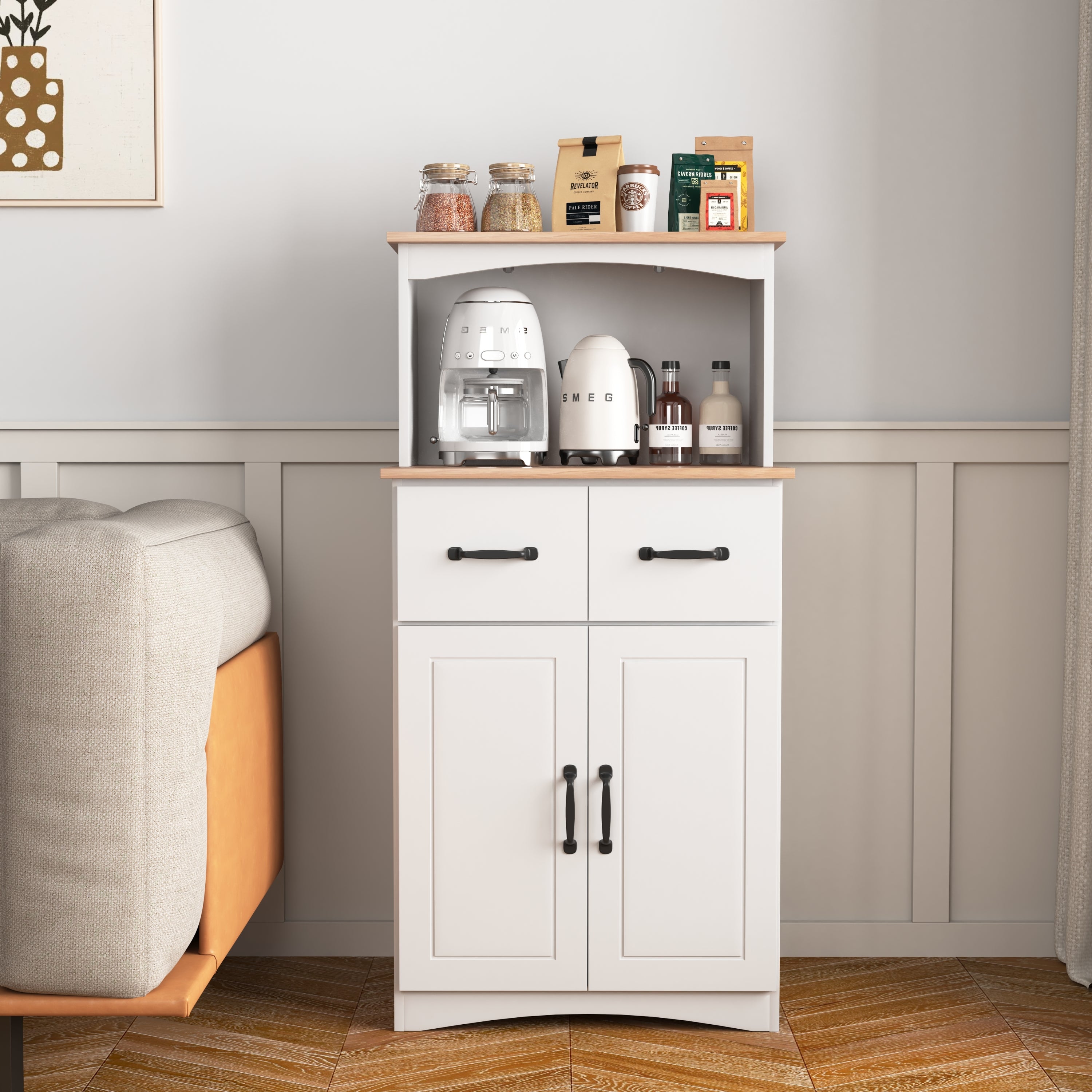 Wooden Kitchen Cabinet White Pantry Storage Microwave Cabinet with Storage Drawer - Grand Goldman Shop