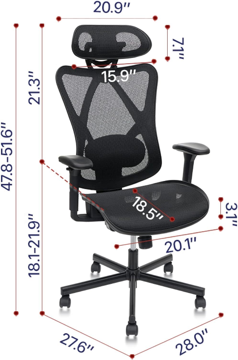 Mesh Office Chair,Ergonomic Office Chairs with Wheels,Adjustable Lumbar Support,Armrest,Headrest-Tilt High Back Desk Chair wi