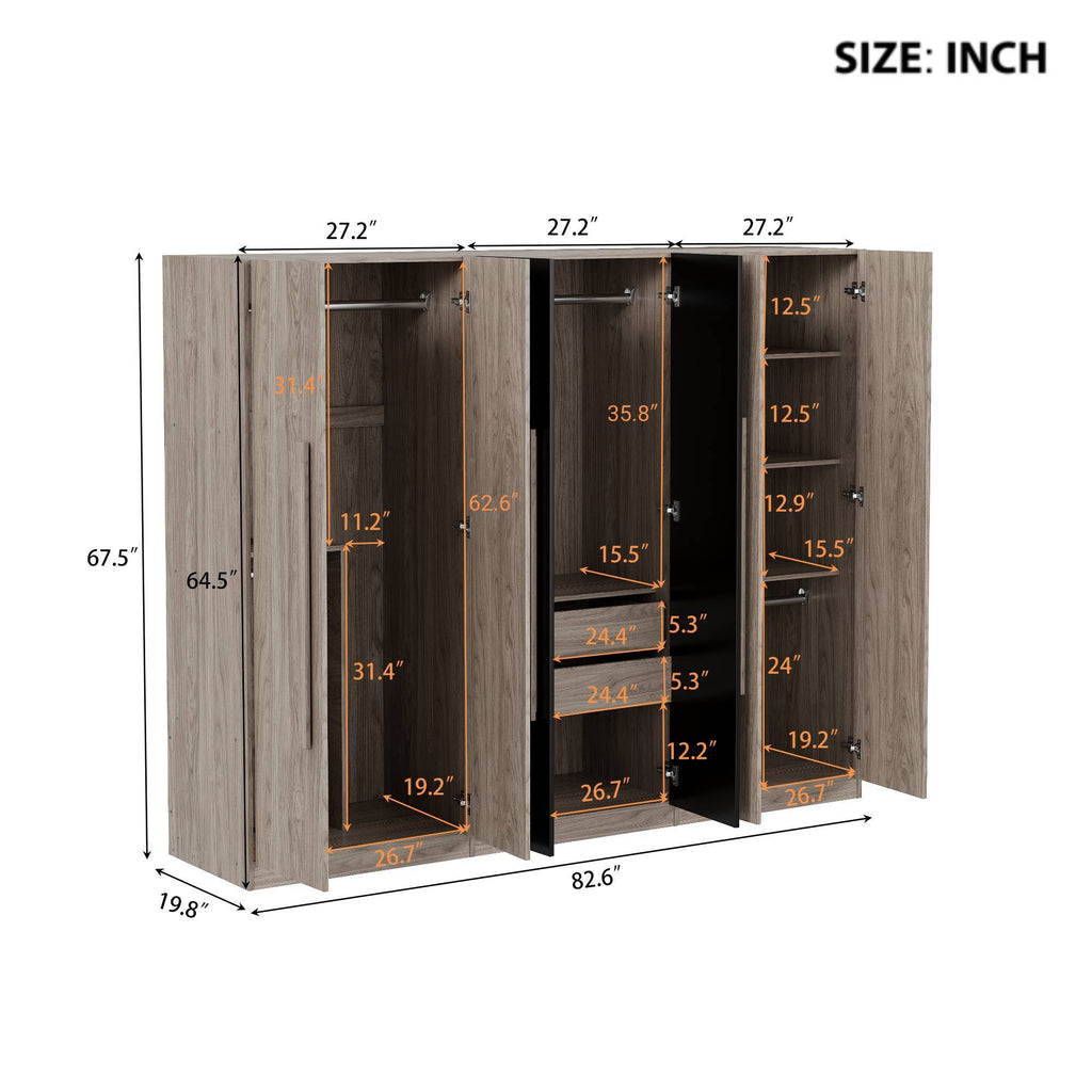 6-Doors Wooden Wardrobe Storage for Bedroom,with 2 Drawers Inside,Black+Nature - Grand Goldman Shop