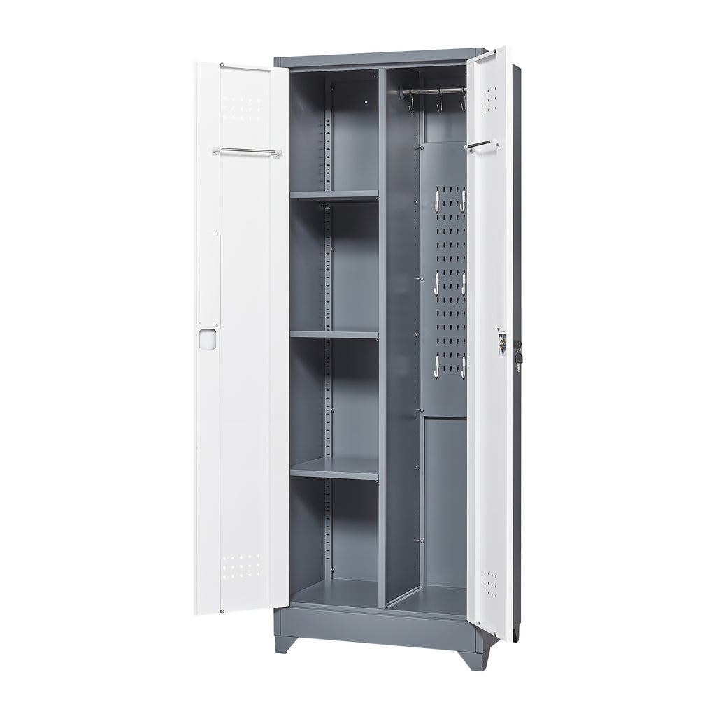 Heavy Duty Grey Metal Storage Cabinet with Locking Doors, Hanging Rod & Shelves, 65' H Broom Closet for Garage or Basement | 