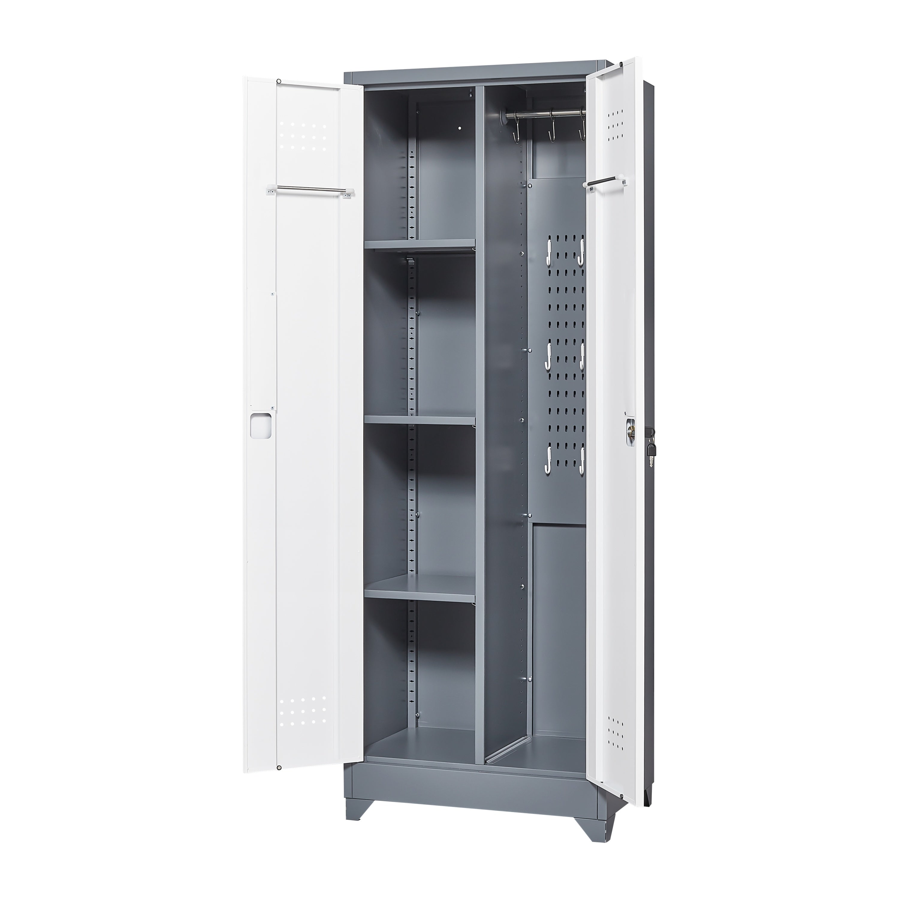 Heavy Duty Grey Metal Storage Cabinet with Locking Doors, Hanging Rod & Shelves, 65' H Broom Closet for Garage or Basement | 