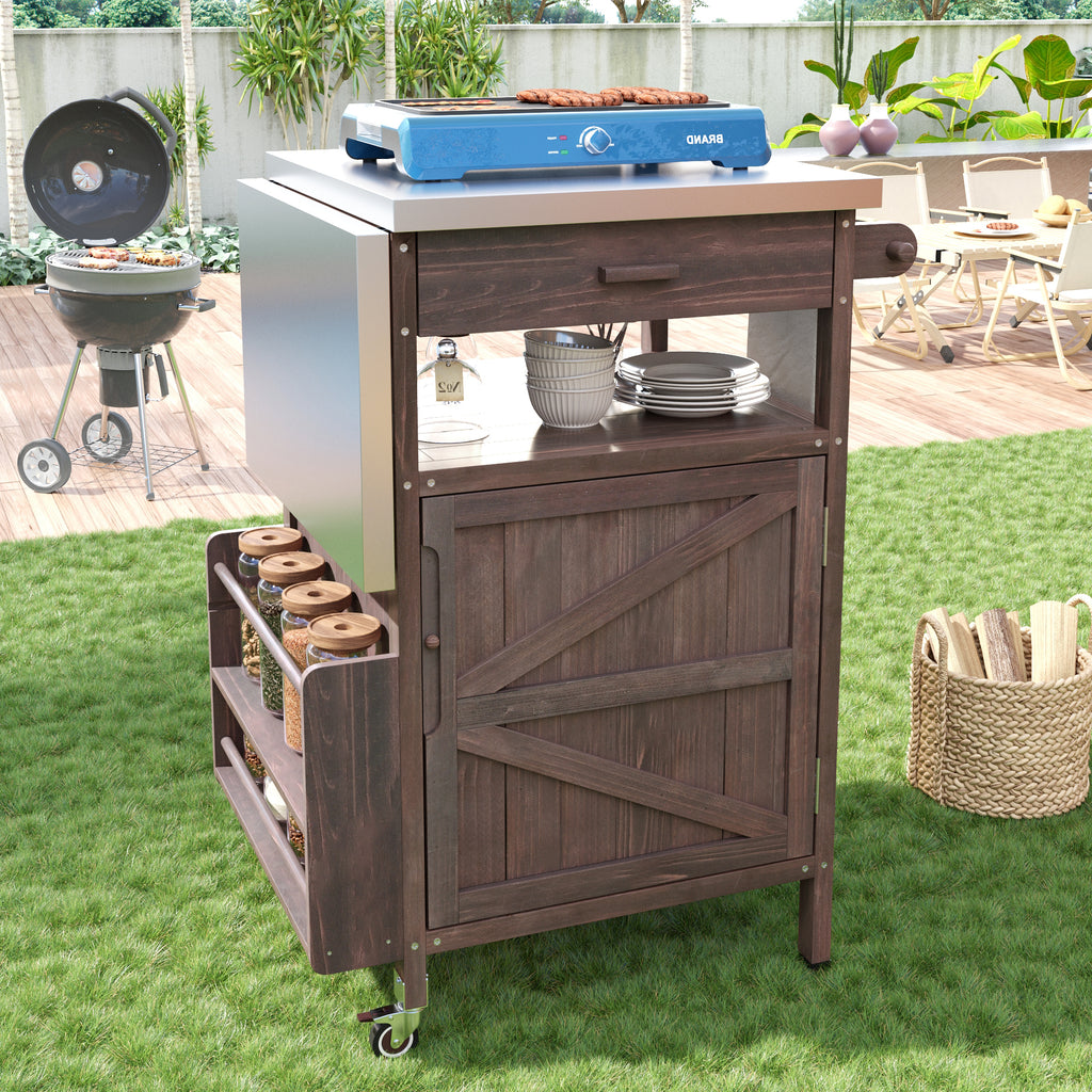K&K 40.5' Outdoor Grill Cart with Stainless Steel Top, Solid Wood Outdoor Storage Cabinet with Drop Leaf, One Drawer, Towel Rack, Rolling Kitchen Cart with Lockable Wheels for Lawn Garden, Brown - Grand Goldman Shop