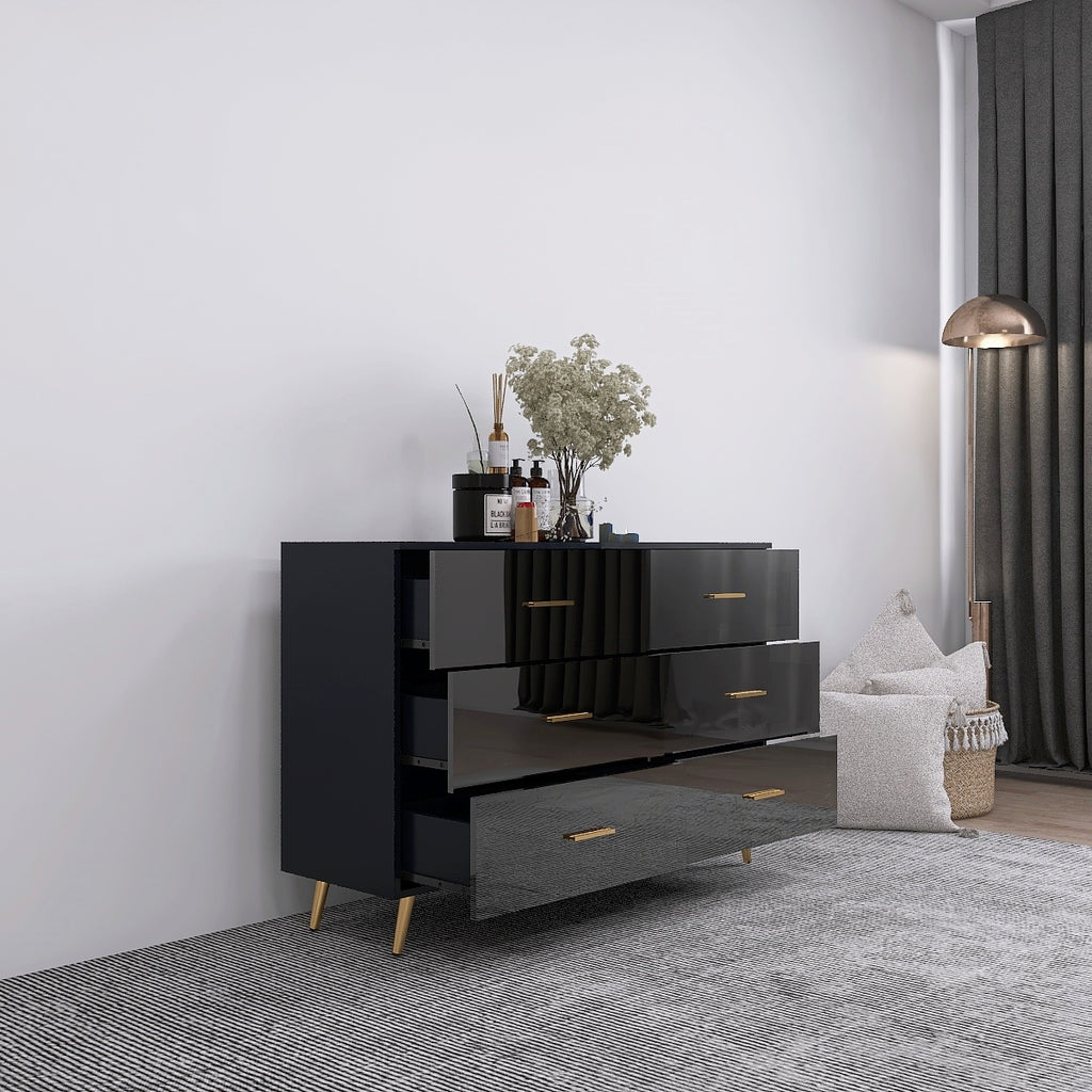 High Glossy Surface 6 Drawers Chest of Drawer with Golden Handle and Golden Steel Legs Black Color Vanity - Grand Goldman Shop