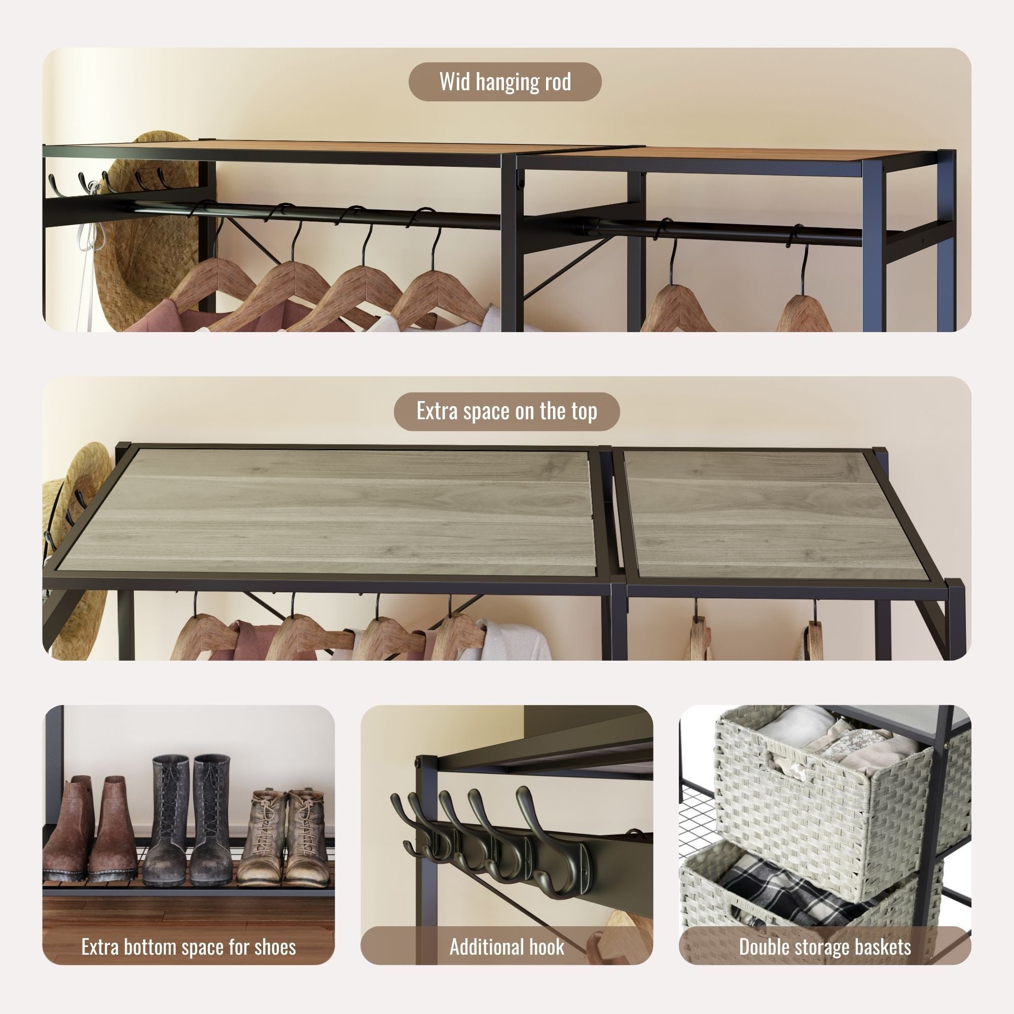 Acacia Wood Garment Rack with Shelves, 2 Wicker Drawers, 4 Hooks, Heavy Duty Closet Organizer, Light Gray - Grand Goldman Shop