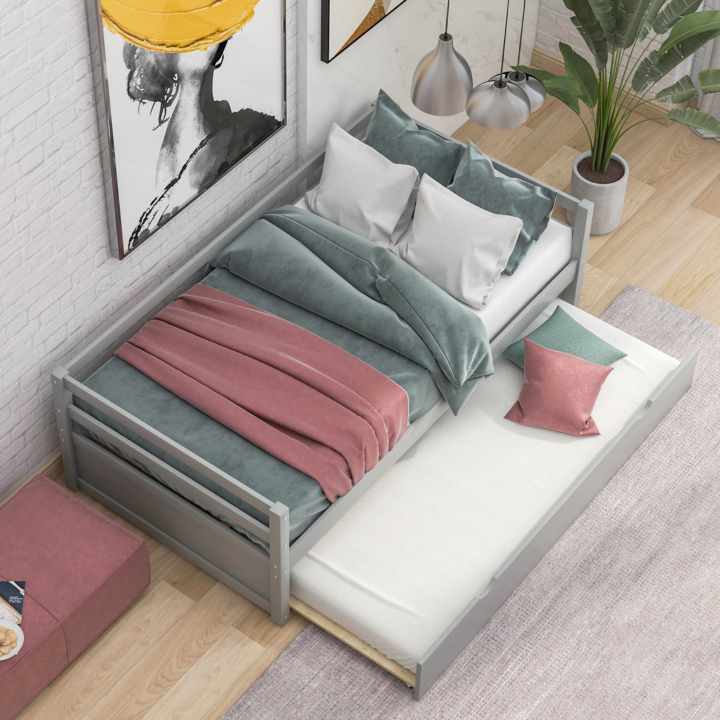 Gray Twin Daybed with Trundle Frame Set, Pine Wood and MDF, 76''L x 41.7''W x 25.9''H - Grand Goldman Shop