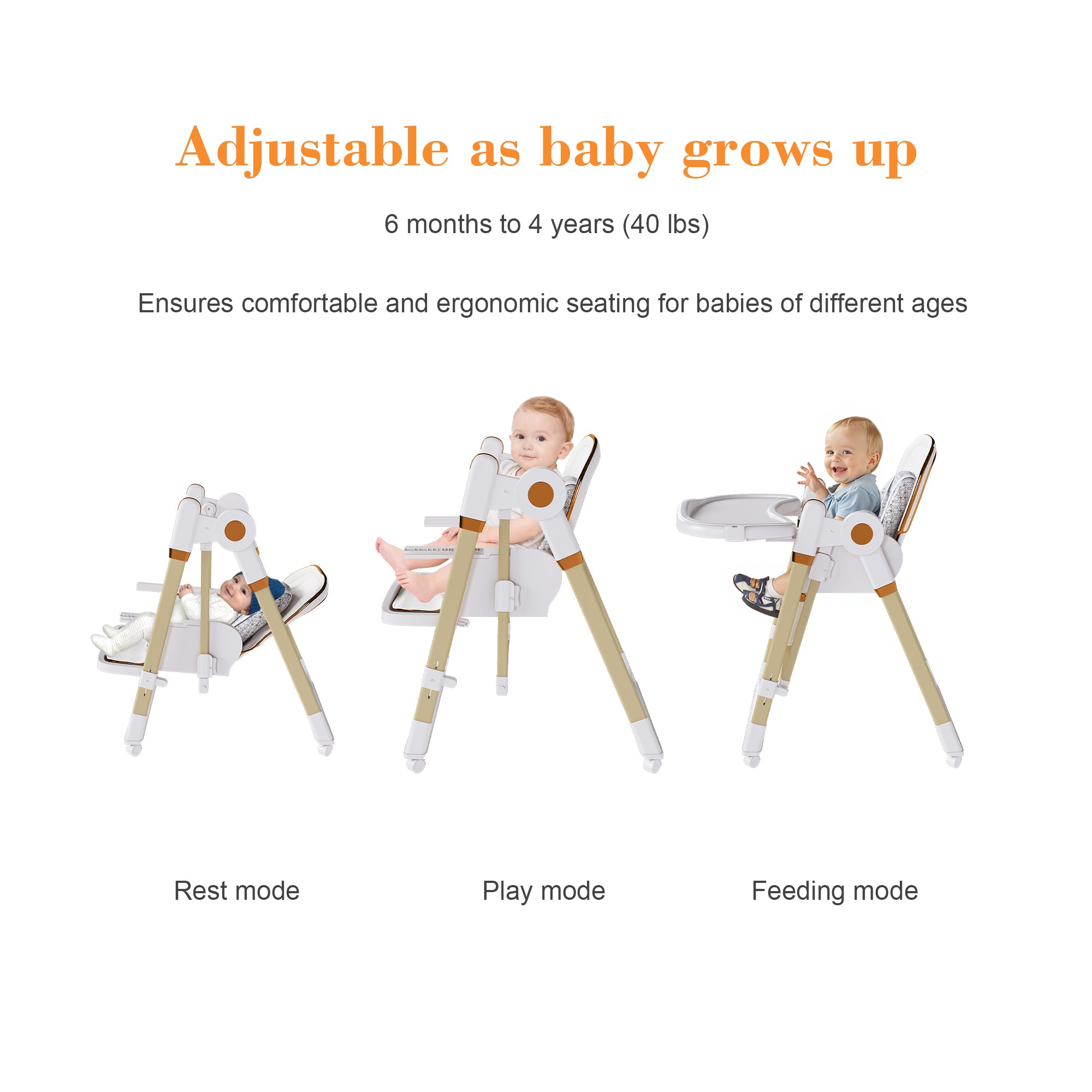 Convertible Baby High Chair to Rocker with 5-Point Harness, Foldable Infant Feeding Chair in White with Removable 2-Tier Easy