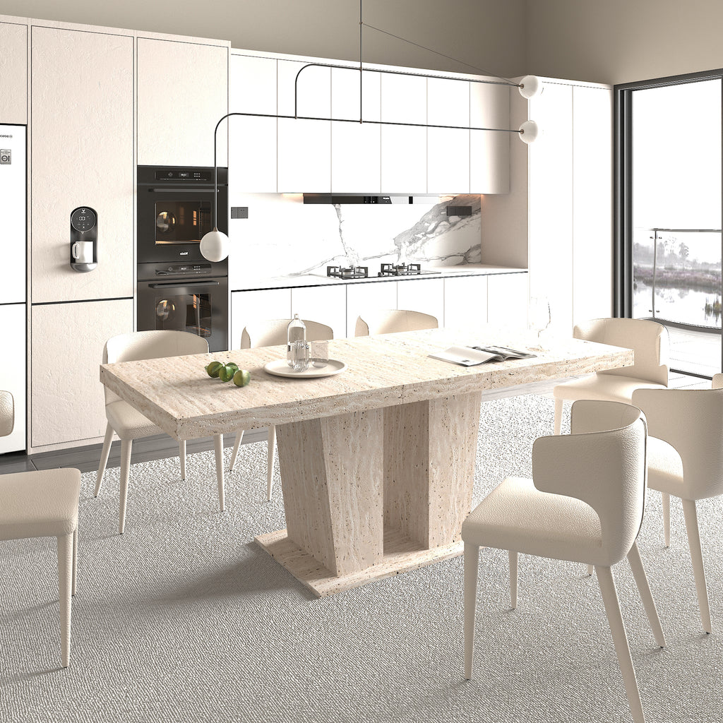 Rectangular extendable dining table, suitable for 6-10 people, with veined travertine pattern, dimensions 160-200 cm, simple and elegant. - Grand Goldman Shop