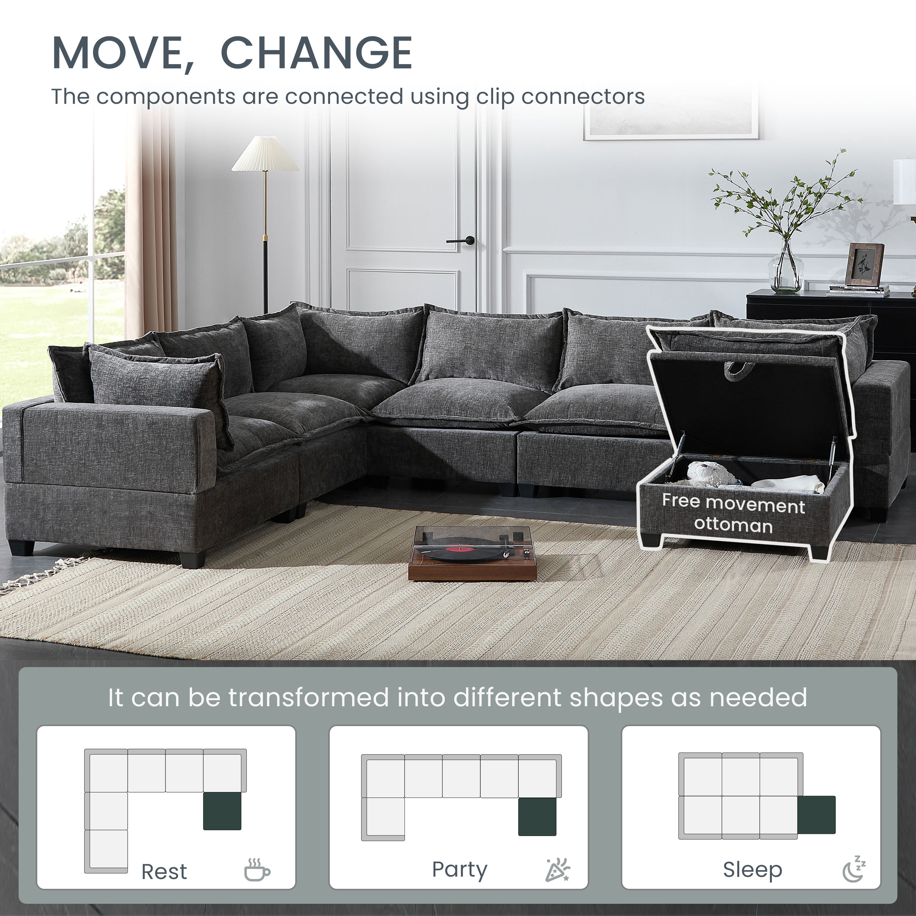 [VIDEO]117.5'' Modular Sectional Sofa with Movable Storage Ottoman, 7 Seat U Shaped Couch, Wide Seat & Free Combination, Oversized Chenille Sofa for Living Room & Apartment, 2 Colors - Grand Goldman Shop