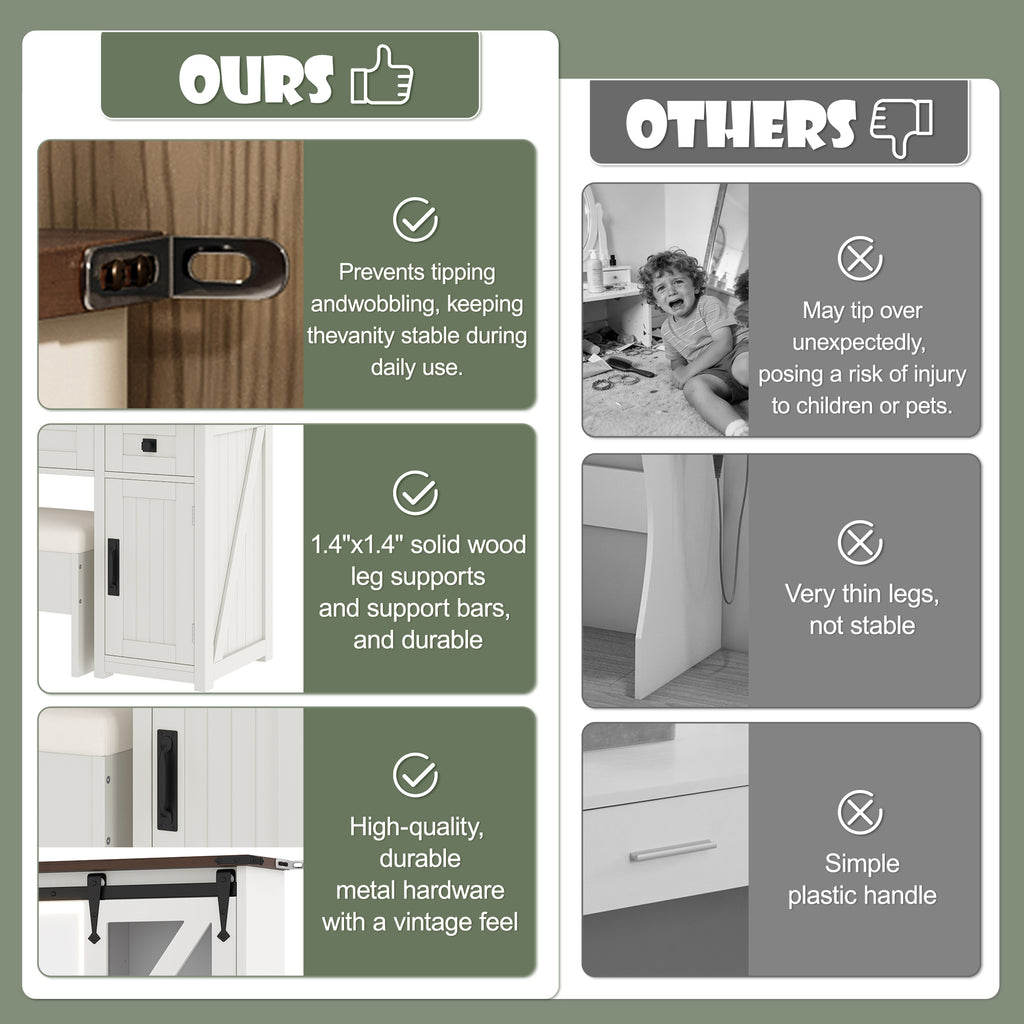 43.3' Farmhouse Makeup Vanity Desk with Lighted Mirror, Vanity Table Set with Charging Station, Dressing Table with Sliding Barn Door Hidden Shelves & 3 Drawers & 4 Cabinets, Beige - Grand Goldman Shop