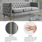Modern Velvet Sofa with Button Tufting and Metal Legs, Grey Upholstered Couch for Living Room or Bedroom, 3-Seater, Solid Wood Frame, Soft Cotton-Filled Cushions - Grand Goldman Shop