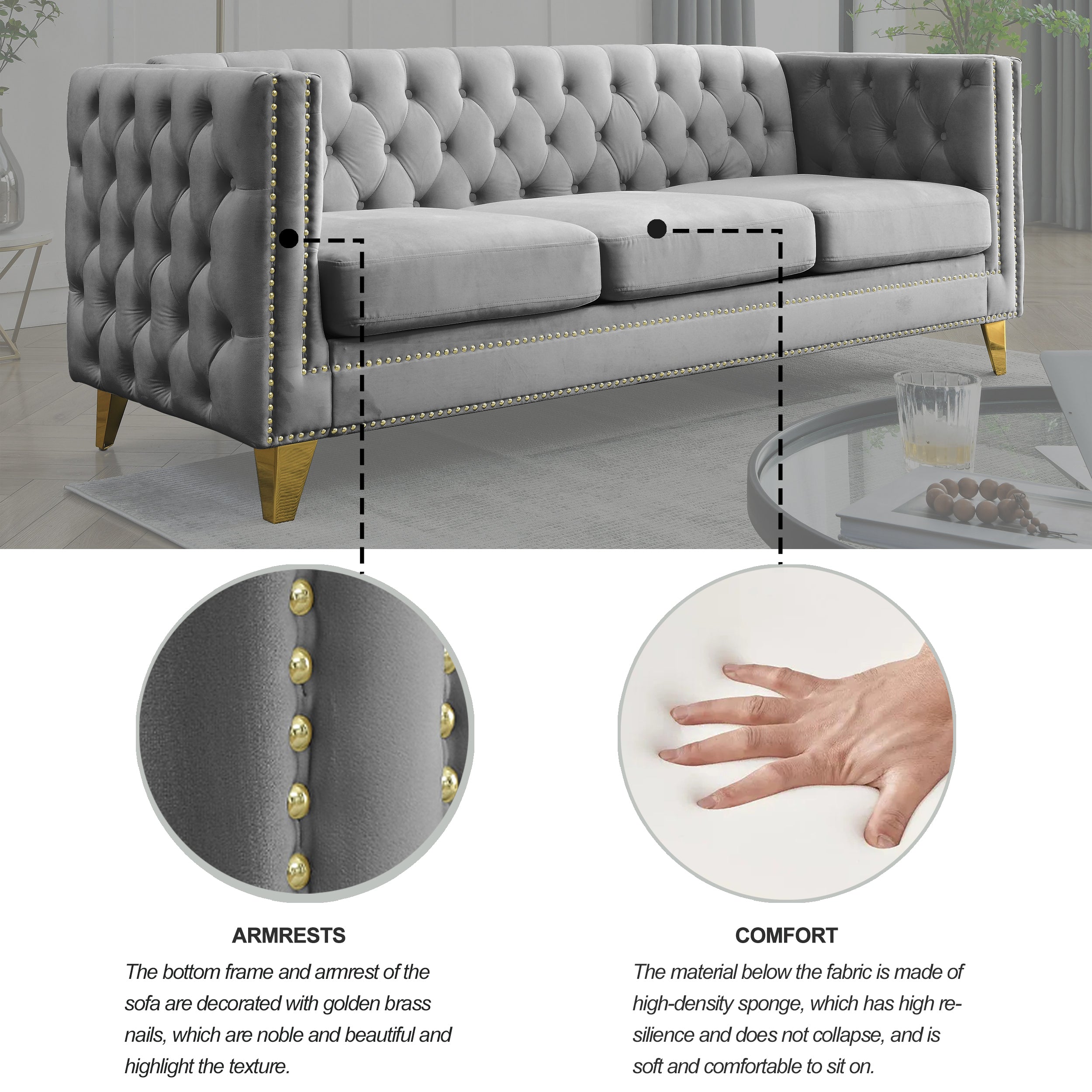 Modern Velvet Sofa with Button Tufting and Metal Legs, Grey Upholstered Couch for Living Room or Bedroom, 3-Seater, Solid Wood Frame, Soft Cotton-Filled Cushions - Grand Goldman Shop