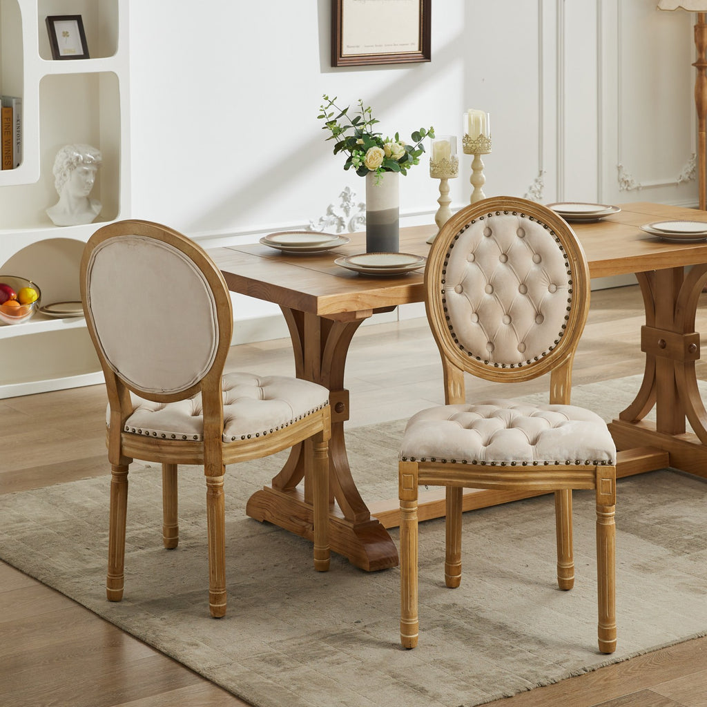 French Style Solid Wood Frame Antique Painting,Hand-pulled buckle decoration Velvet artificial leather Dining Chair with Nailhead Trim ,Wood Legs,Steel Spring inner,Set of 2,Beige,SW1739BG - Grand Goldman Shop