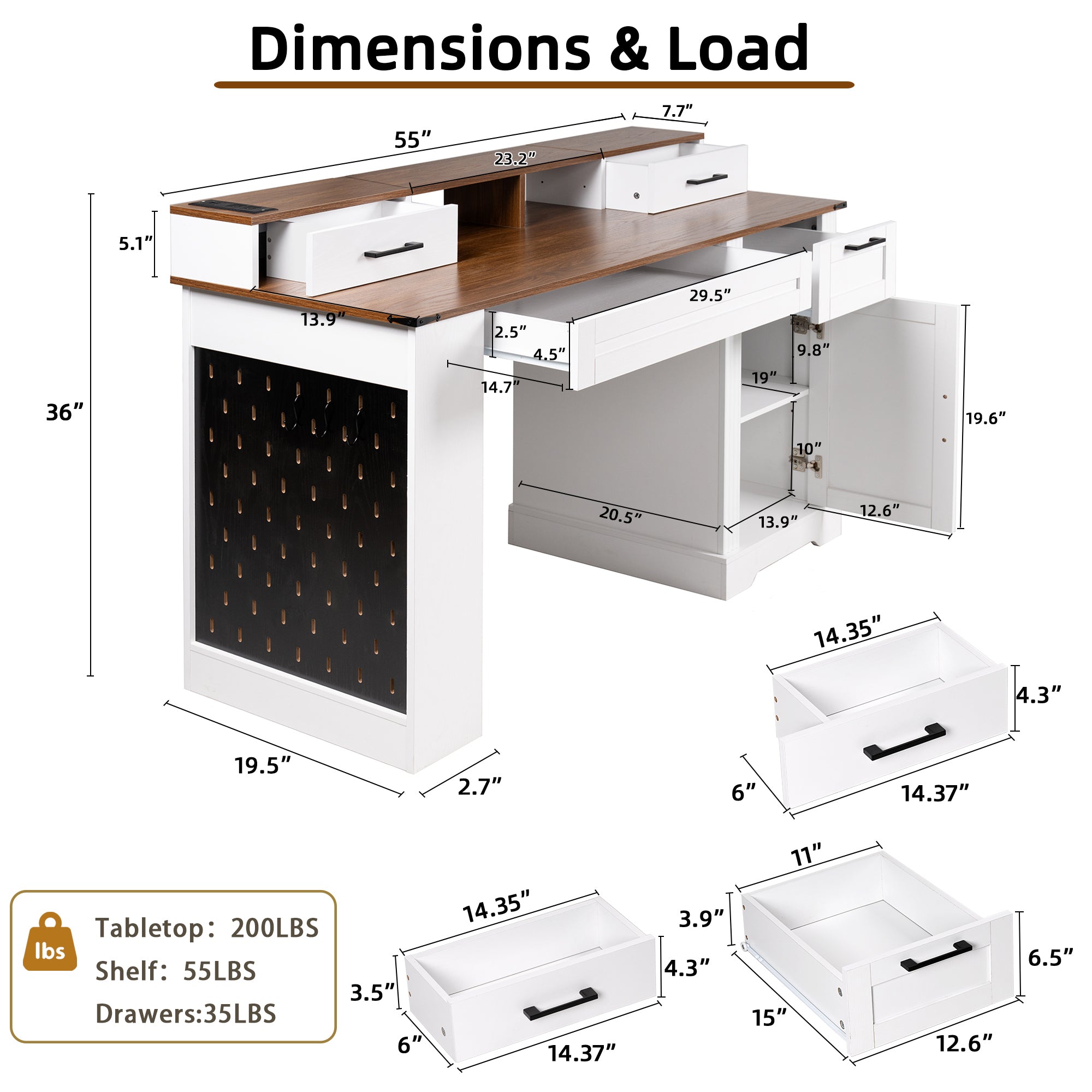 White Farmhouse Office Desk with Storage Cabinet, Charging Station, Monitor Stand & Pegboard, 55' Computer Writing Desk with 