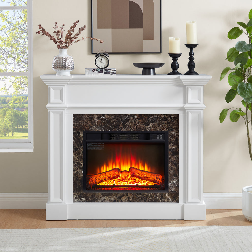 Electric Fireplace with Mantel, Fireplace Mantel, Fireplace Heater Freestanding, Realistic Stacked Stone Surround with Remote Control Timer LED Flame, White, 45.66'W*11.8'D*40'H - Grand Goldman Shop