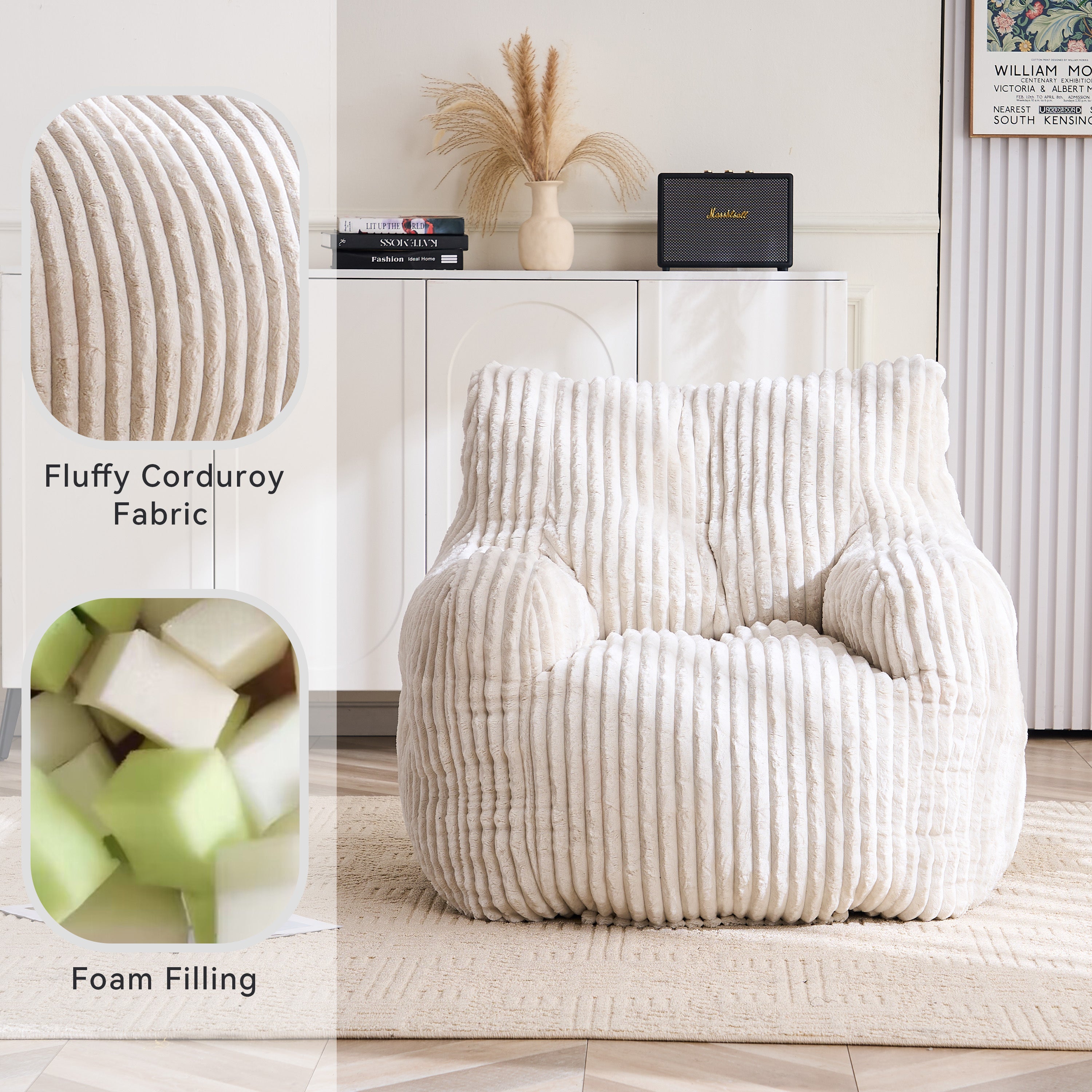 010-Soft Fluffy Corduroy Fabric Bean Bag Chair Filled With Memory Sponge,Beige - Grand Goldman Shop