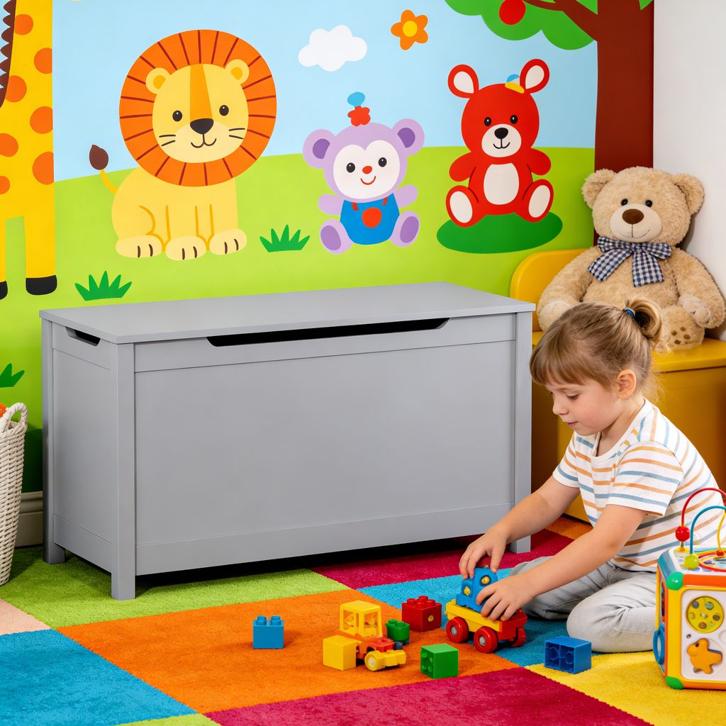 Kids Wooden Toy Box Storage with Safety Hinged Lid for Ages 2+ (Gray) - Grand Goldman