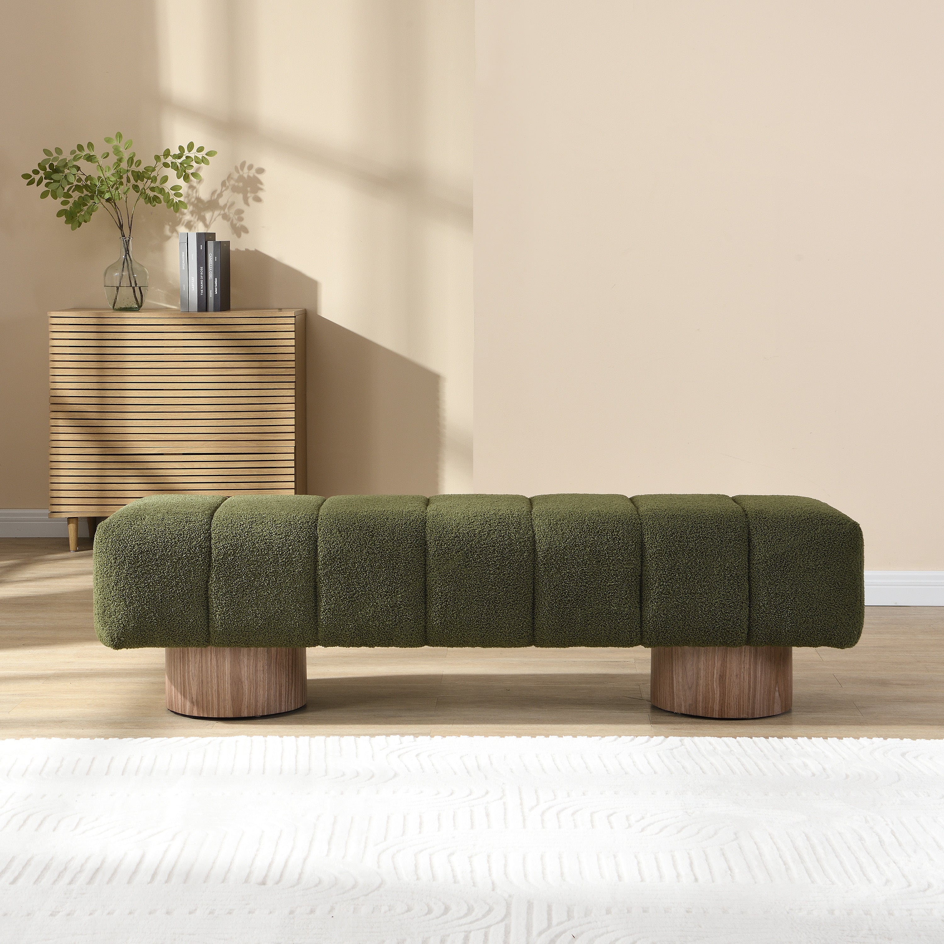 Upholstered Dining Bench for Dining Room, No-Assembly End of Bed Entryway Bench Ottoman for Bedroom Living Room, Green Boucle Fabric Stool Top Wood Leg 300 LBS Weight Capacity - Grand Goldman Shop