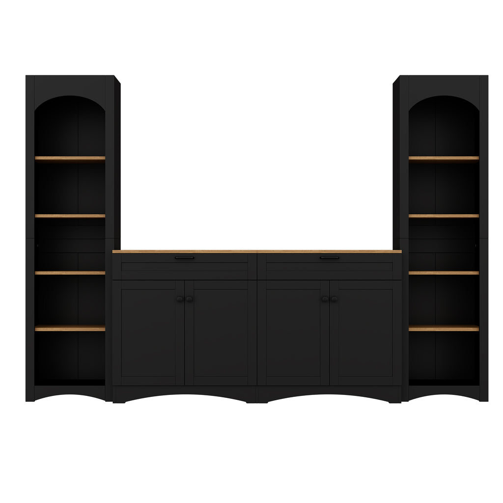 ON-TREND 3-Piece Farmhouse Entertainment Center with Storage Cabinet for TVs Up to 70', Mid-Century TV Stand with Bookshelf, Rustic Versatile Sideboard with Adjustable Shelves for Living Room, Black - Grand Goldman Shop