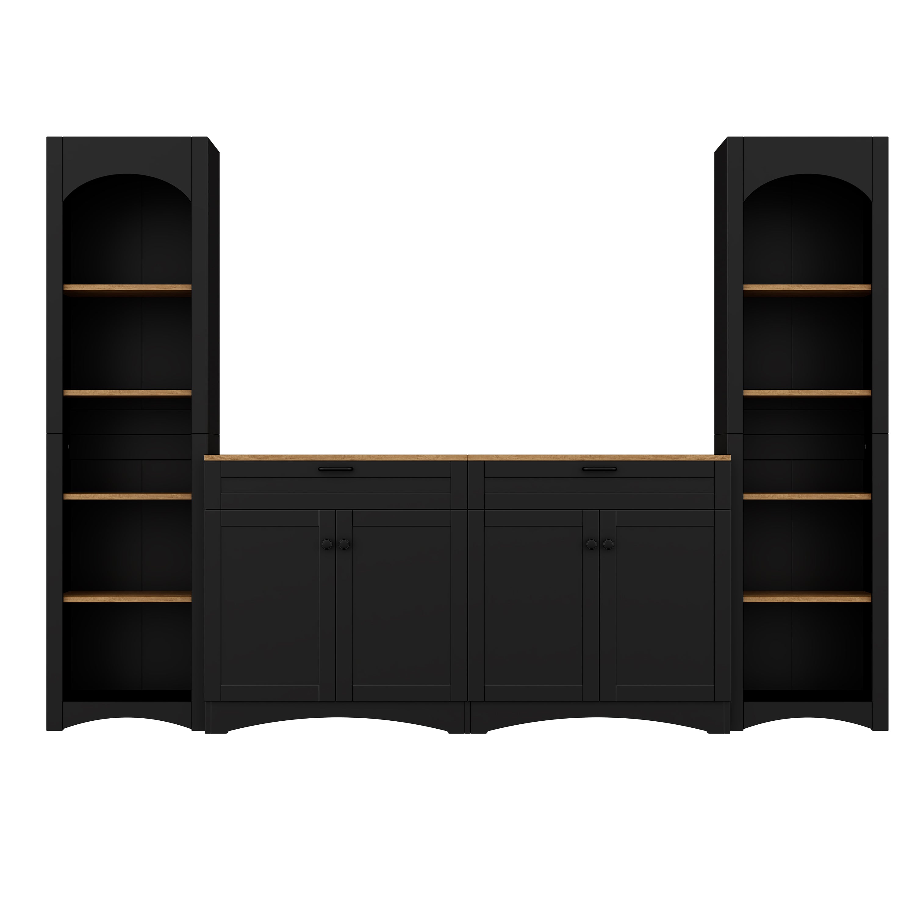 ON-TREND 3-Piece Farmhouse Entertainment Center with Storage Cabinet for TVs Up to 70', Mid-Century TV Stand with Bookshelf, Rustic Versatile Sideboard with Adjustable Shelves for Living Room, Black - Grand Goldman Shop