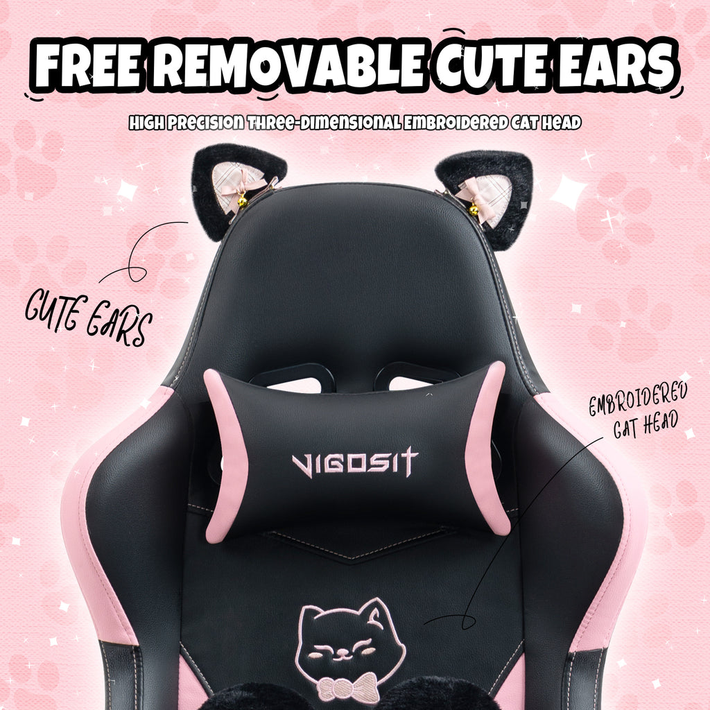 Cute Cat Gaming Chair with Paw Lumbar Cushion, PC Video Gamer Chair for Girl Teen Woman (Black) | Premium Home Decor - Grand 