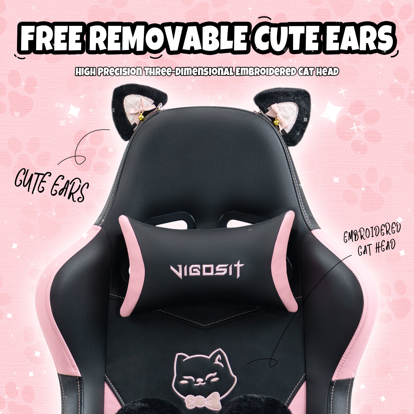 Cute Cat Gaming Chair with Paw Lumbar Cushion, PC Video Gamer Chair for Girl Teen Woman (Black) | Premium Home Decor - Grand 