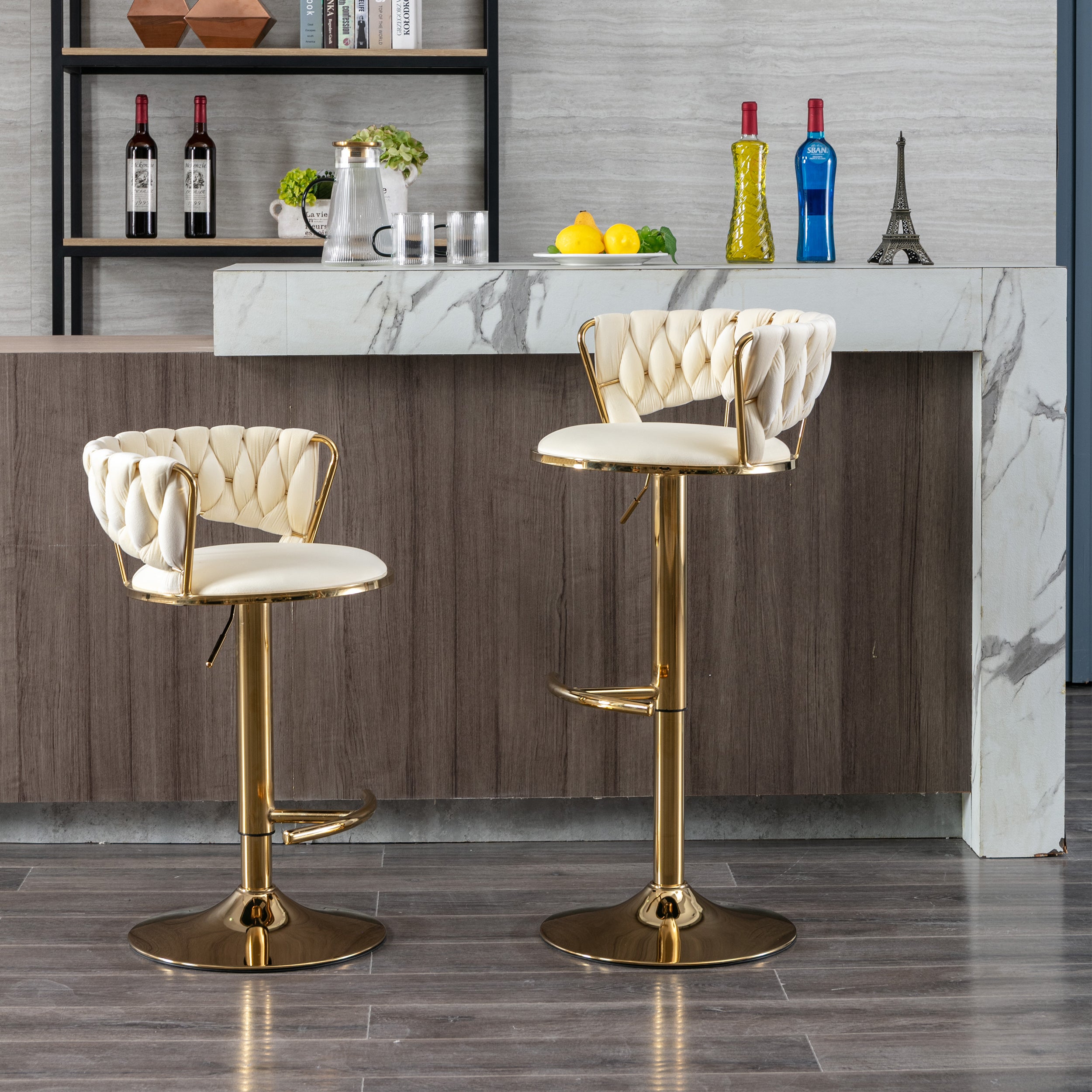 Set of 2  Bar Stools,with Chrome Footrest and Base Swivel Height Adjustable Mechanical Lifting Velvet + Golden Leg Simple Bar Stool-Cream - Grand Goldman Shop