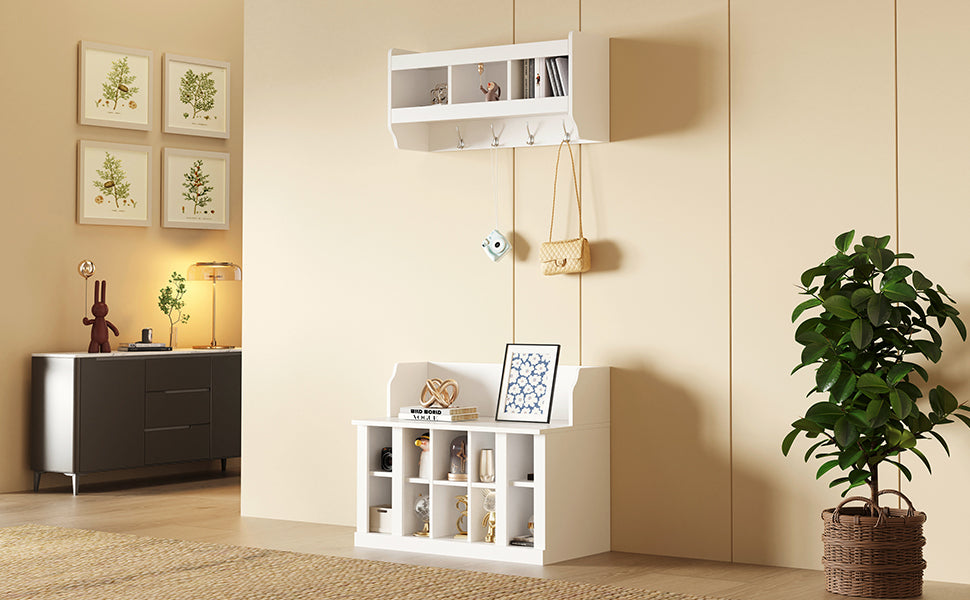 ON-TREND Shoe Storage Bench with Shelves and 4 Hooks, Elegant Hall Tree with Wall Mounted Coat Rack, Entryway Organizer For Hallway, Foyer, Mudroom, White - Grand Goldman Shop