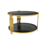 Modern Black Mirror Coffee Table, Asymmetrical Metal, Circular Metal Drum Base, Gold Finish & Lower Shelf - Grand Goldman Shop