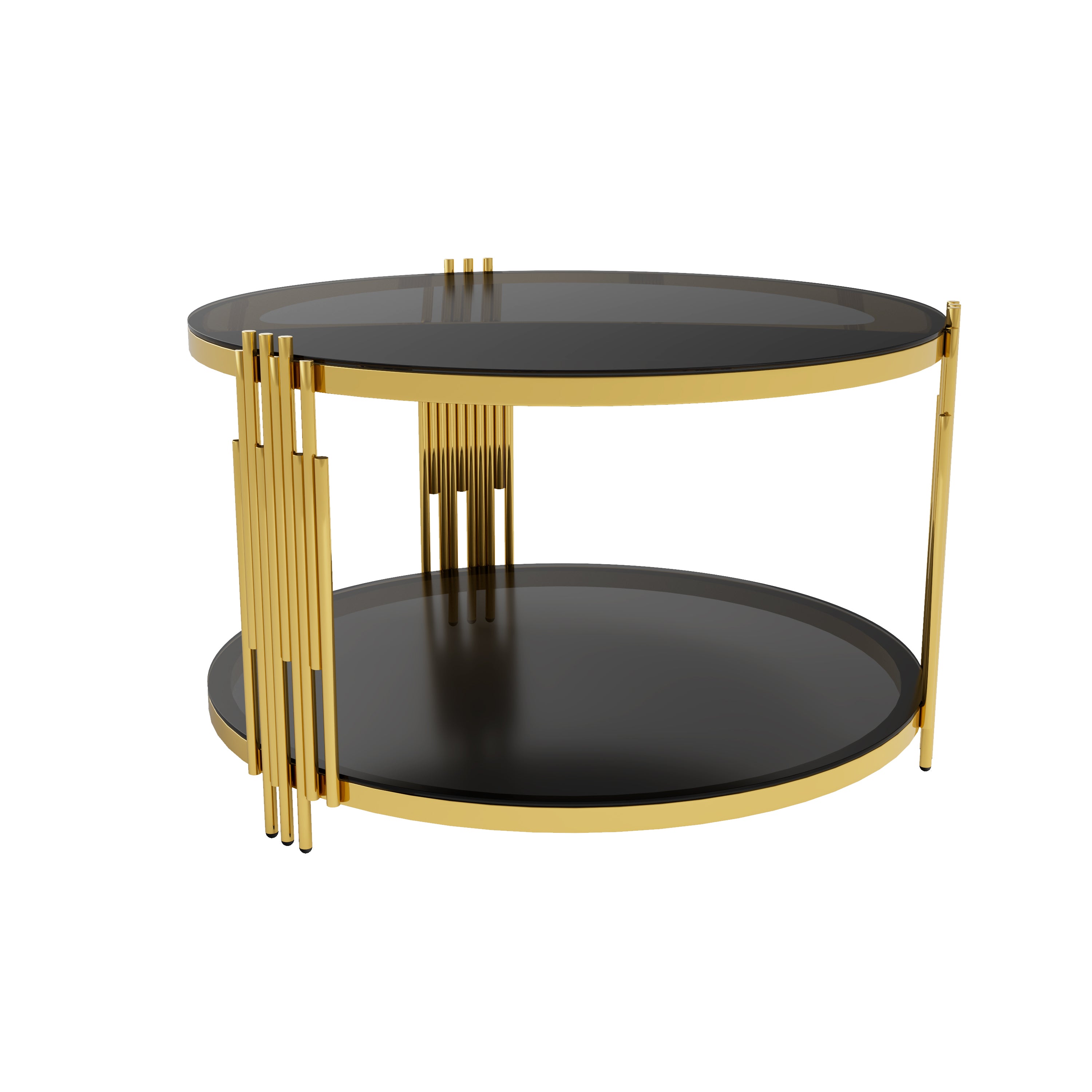 Modern Black Mirror Coffee Table, Asymmetrical Metal, Circular Metal Drum Base, Gold Finish & Lower Shelf - Grand Goldman Shop
