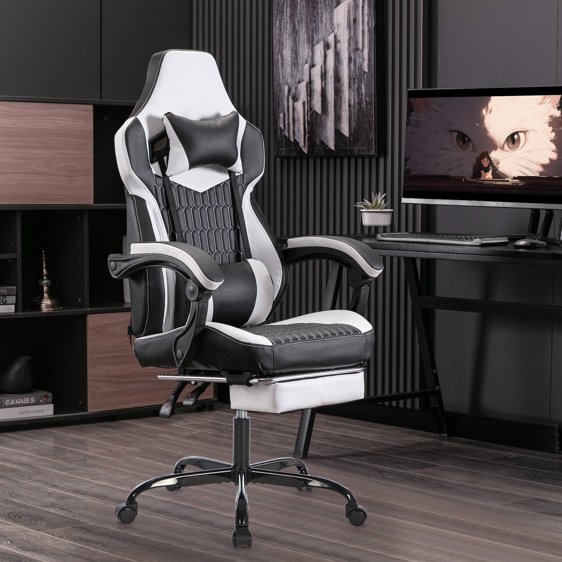 Gaming Chair with Footrest, High Back Gaming Chairs PVC Leather Ergonomic Office Gamer Chair Headrest Lumbar Support Racing S