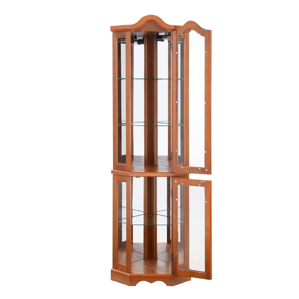 Curio Cabinet Lighted Glass Display Curio Cabinet w/Tempered Glass Doors and Shelves, Crown Corner Cabinet with Bulb, Corner Storage Decoration for Living room and Bedroom OAK - Grand Goldman Shop