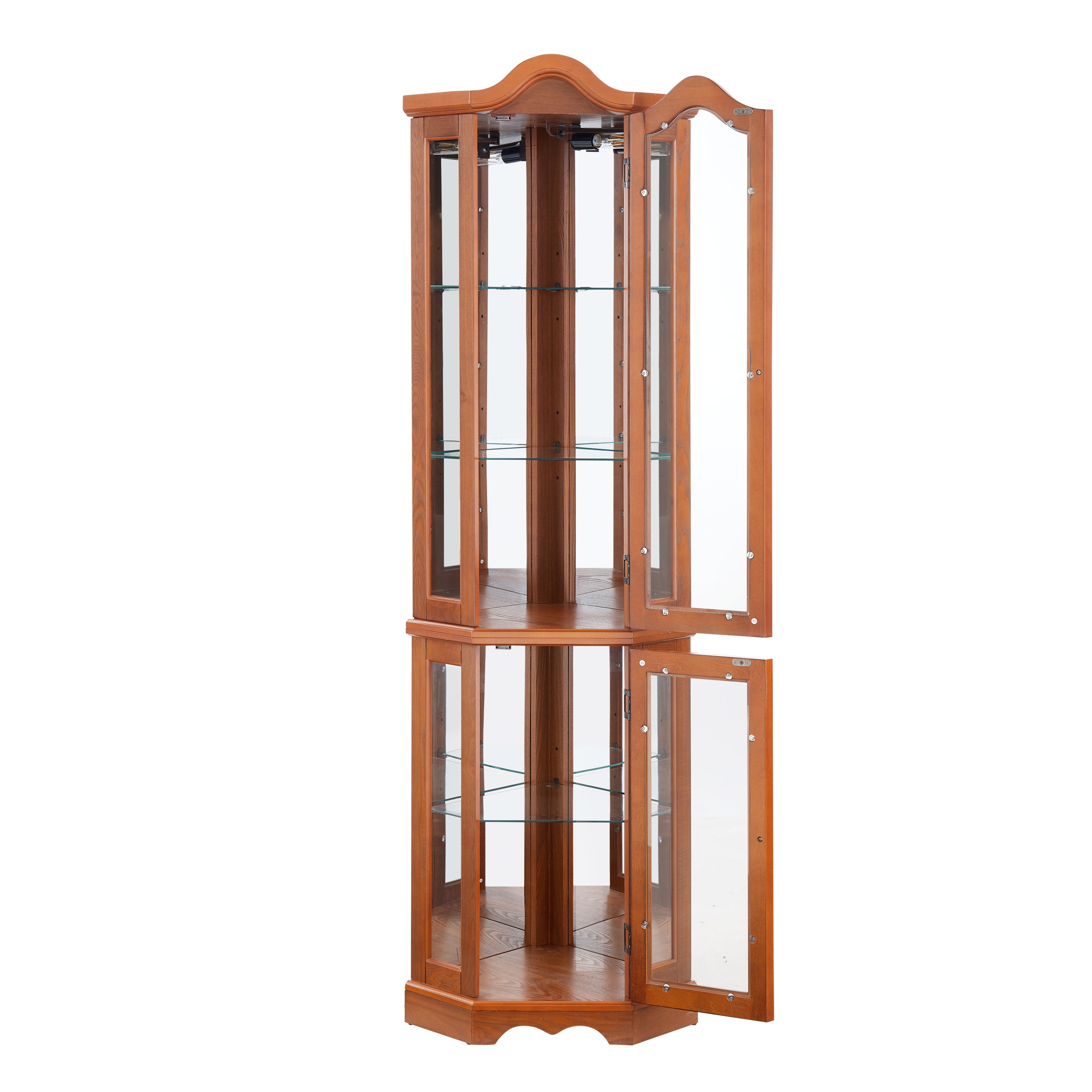 Curio Cabinet Lighted Glass Display Curio Cabinet w/Tempered Glass Doors and Shelves, Crown Corner Cabinet with Bulb, Corner Storage Decoration for Living room and Bedroom OAK - Grand Goldman Shop