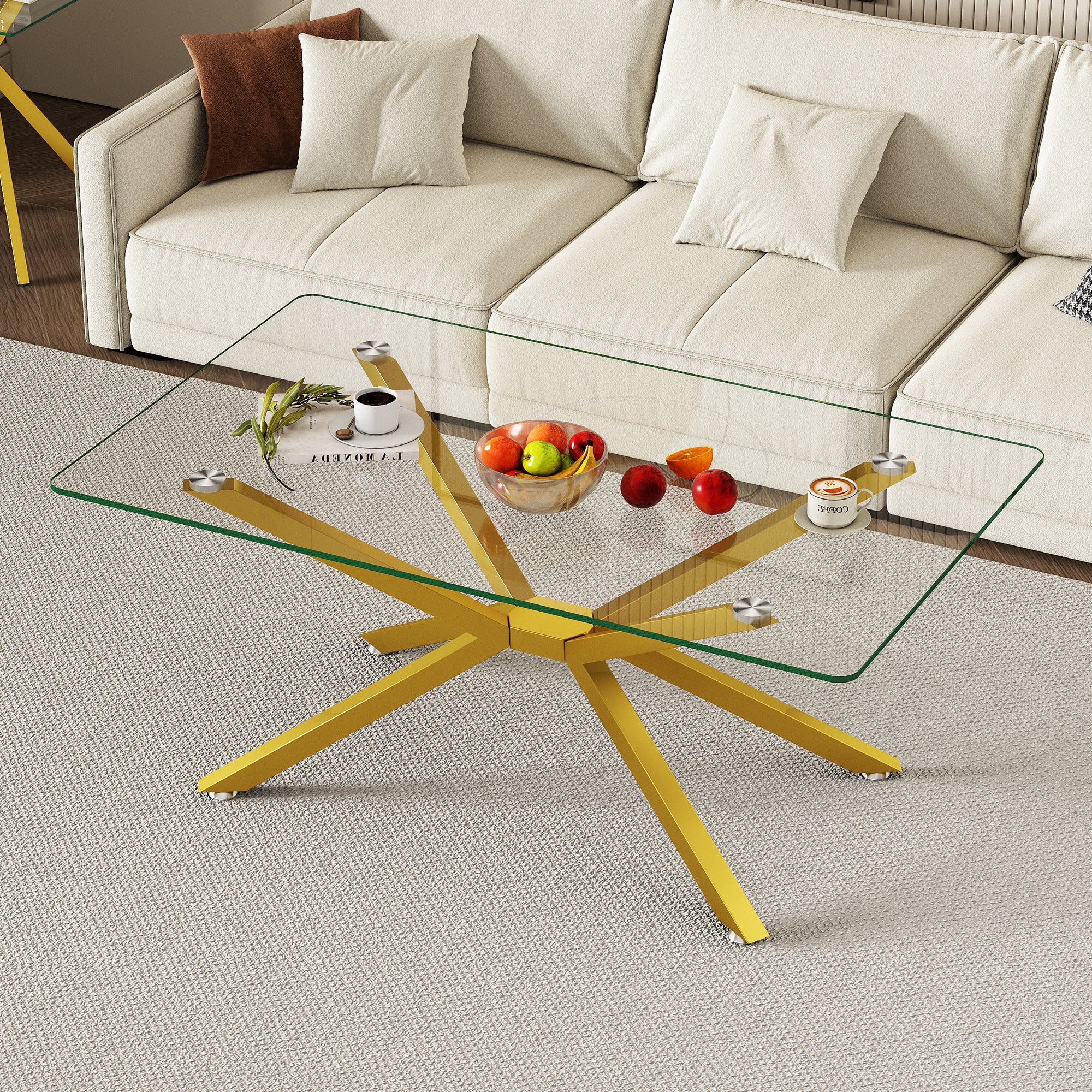 39.37' Rectangular Clear Tempered Glass Coffee Table,Stylish Design with Gold Metal Legs, Coffee Table for Living Room - Grand Goldman Shop