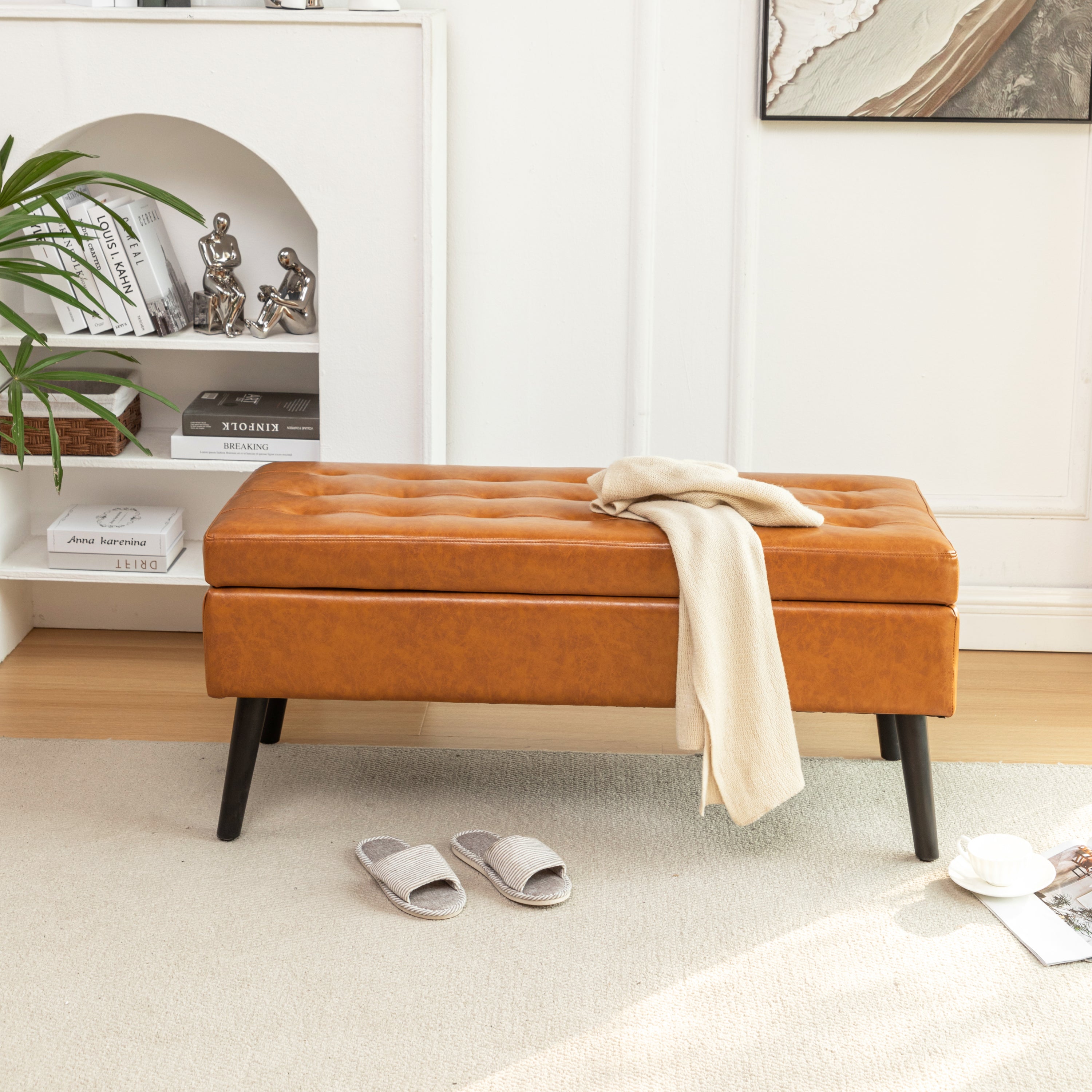 Storage Bench with Storage Bench for Bedroom End of Bed Bench Foot of Bed Bench Entryway Bench Storage Ottoman Bench 43.3' W x 17.7' Brown Leather Bench - Grand Goldman Shop