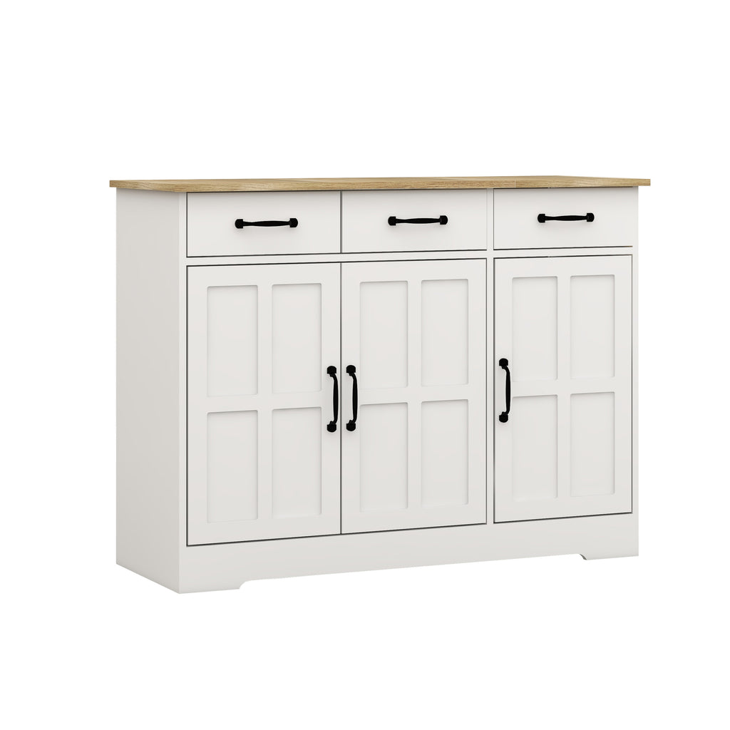 Farmhouse Buffet Cabinet Storage Sideboard with 3 Drawers and 3 Doors for Dining Living Room Kitchen Cupboard-White - Grand Goldman Shop