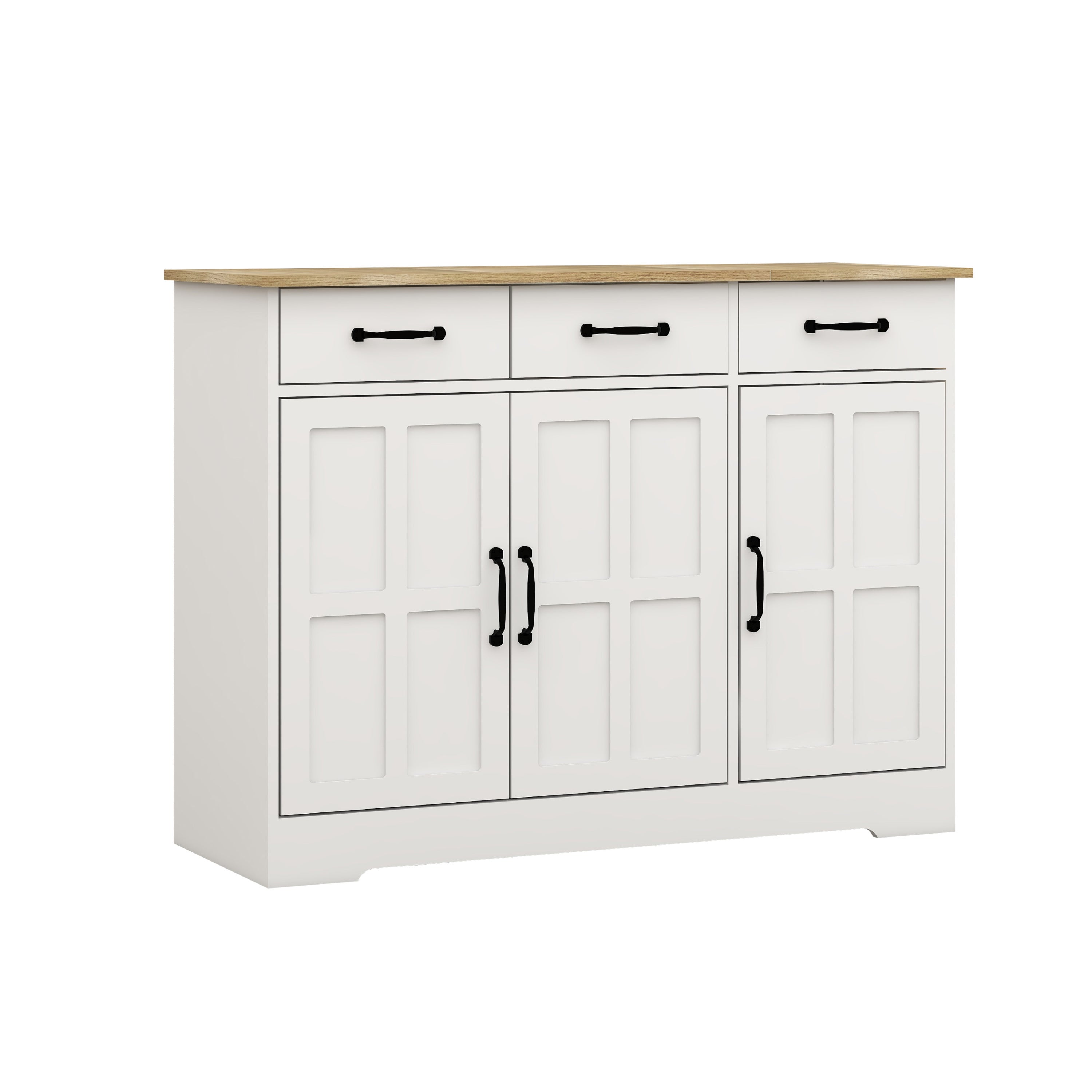 Farmhouse Buffet Cabinet Storage Sideboard with 3 Drawers and 3 Doors for Dining Living Room Kitchen Cupboard-White - Grand Goldman Shop