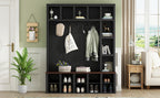 Farmhouse Wooden Hall Tree with 6 Hooks, Walnut Storage Bench with Adjustable Shelves,  4-in-1 Entryway Shoe Cabinet with Cubbies for Mudroom, Living Room, Black, 76.7'H (OLD SKU: N721S000044B) - Grand Goldman Shop