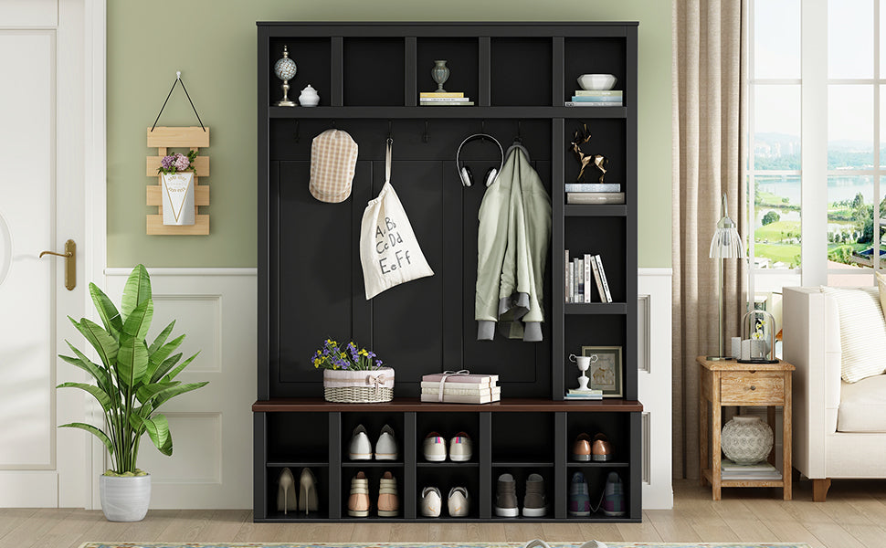 Farmhouse Wooden Hall Tree with 6 Hooks, Walnut Storage Bench with Adjustable Shelves,  4-in-1 Entryway Shoe Cabinet with Cubbies for Mudroom, Living Room, Black, 76.7'H (OLD SKU: N721S000044B) - Grand Goldman Shop
