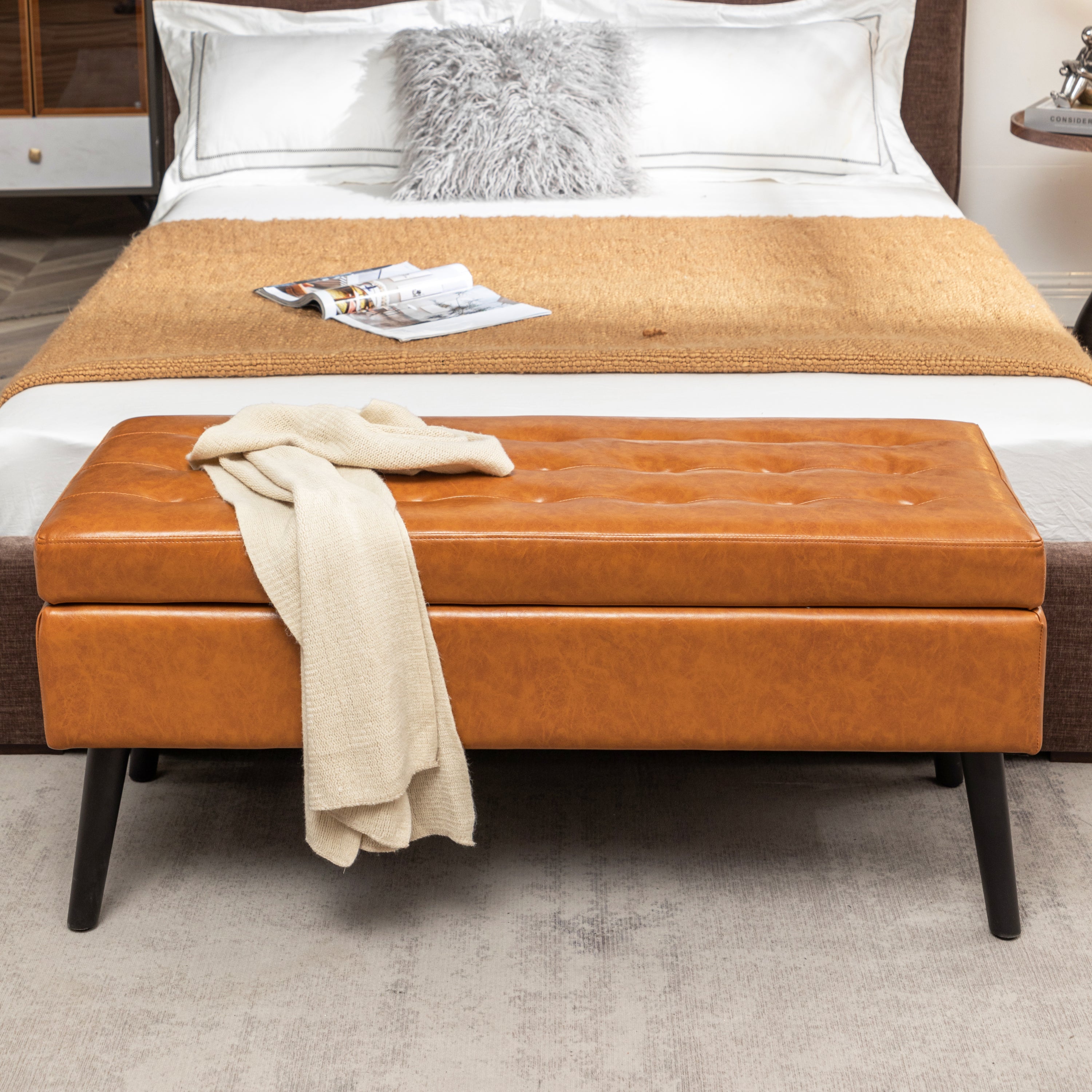 Storage Bench with Storage Bench for Bedroom End of Bed Bench Foot of Bed Bench Entryway Bench Storage Ottoman Bench 43.3' W x 17.7' Brown Leather Bench - Grand Goldman Shop
