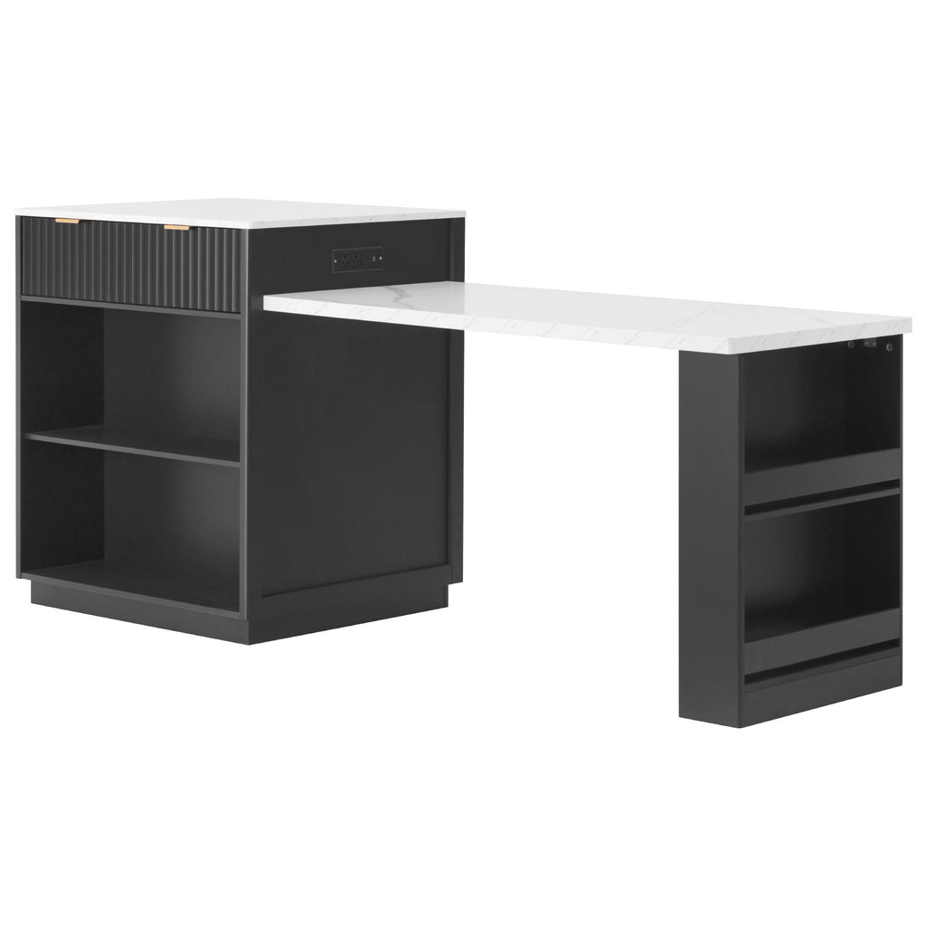 K&K 82.6' Fluted Kitchen Island with Extendable Dining Table for 4-6, Island Table for Kitchen with Power Outlet, Kitchen Table with Double-Side Storage, 2 Drawers 2 Side Open Shelves, Black - Grand Goldman Shop