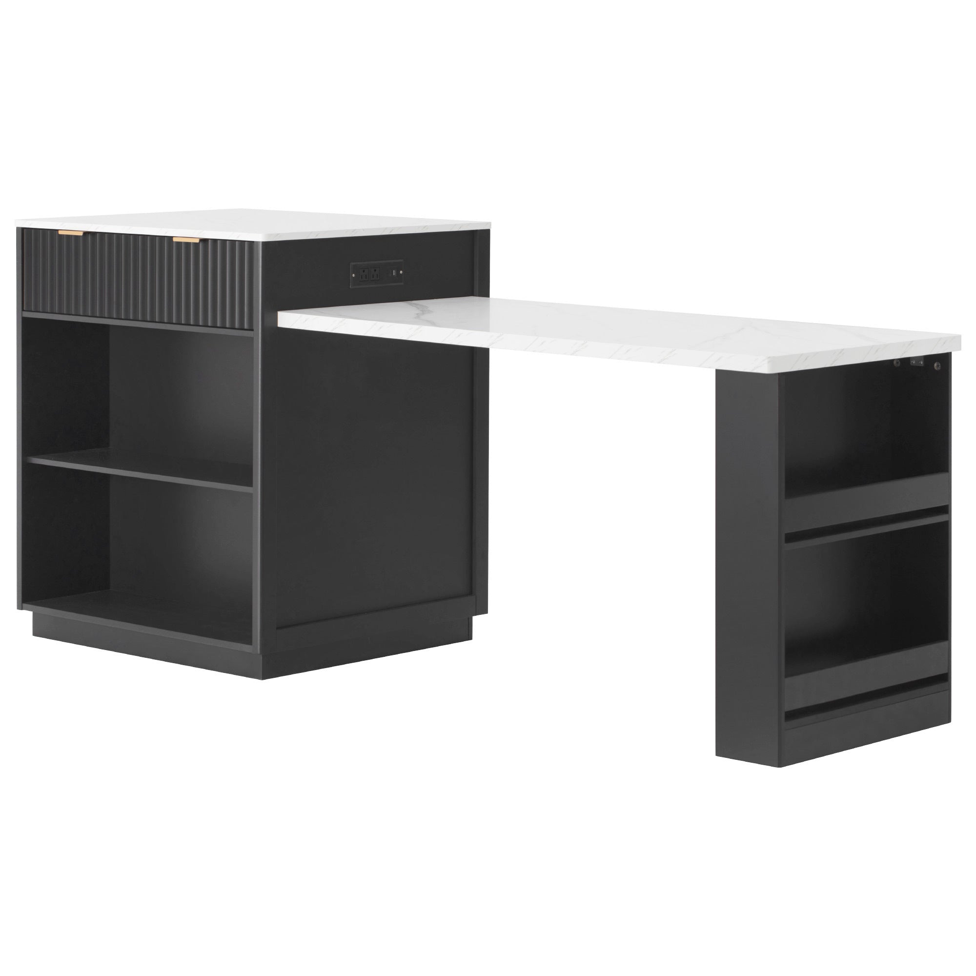K&K 82.6' Fluted Kitchen Island with Extendable Dining Table for 4-6, Island Table for Kitchen with Power Outlet, Kitchen Table with Double-Side Storage, 2 Drawers 2 Side Open Shelves, Black - Grand Goldman Shop