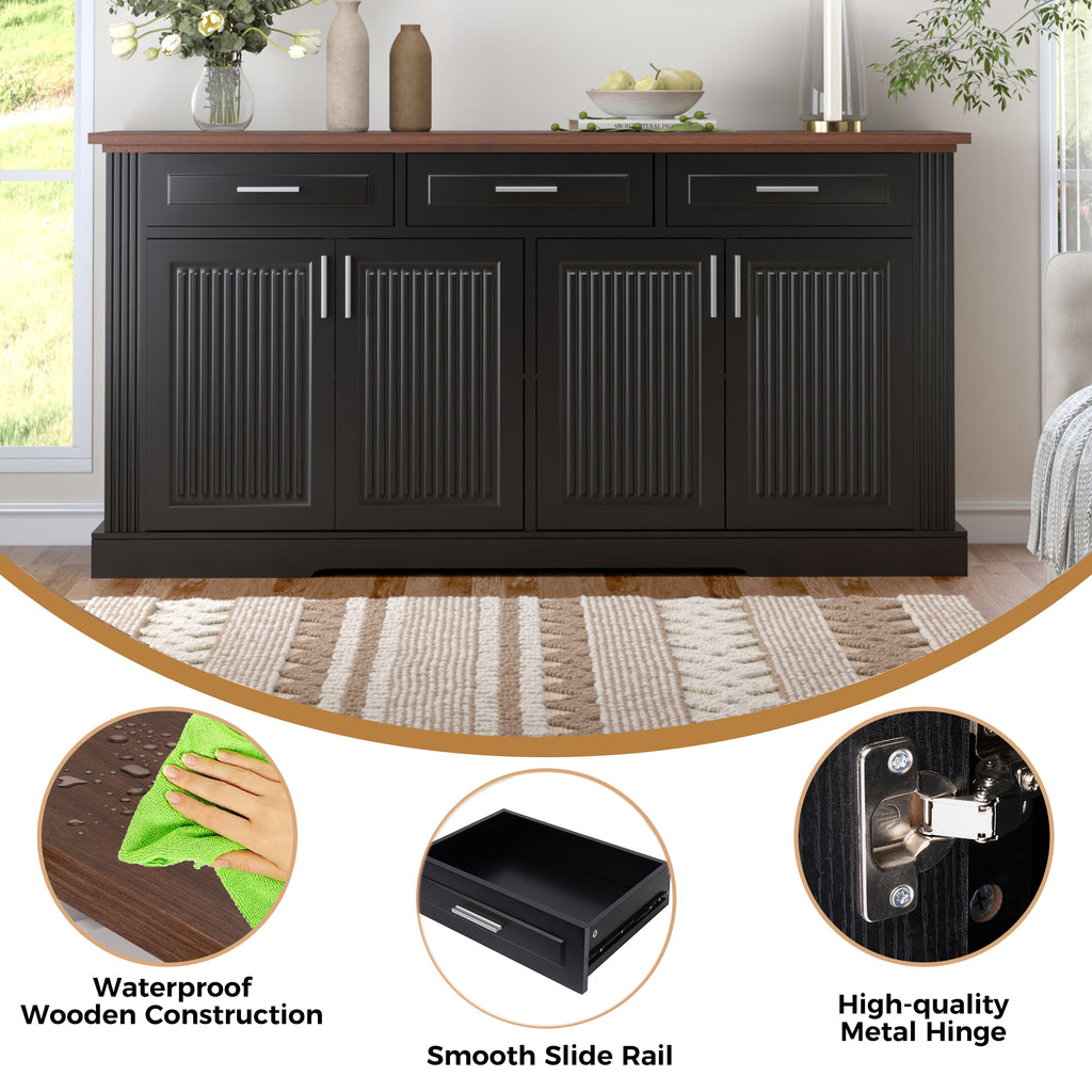 Black Fluted Sideboard Buffet Cabinet with 4 Doors and 3 Drawers, Modern Wood Kitchen Storage Console Table for Living Room Dining Room Entryway, 63' - Grand Goldman Shop
