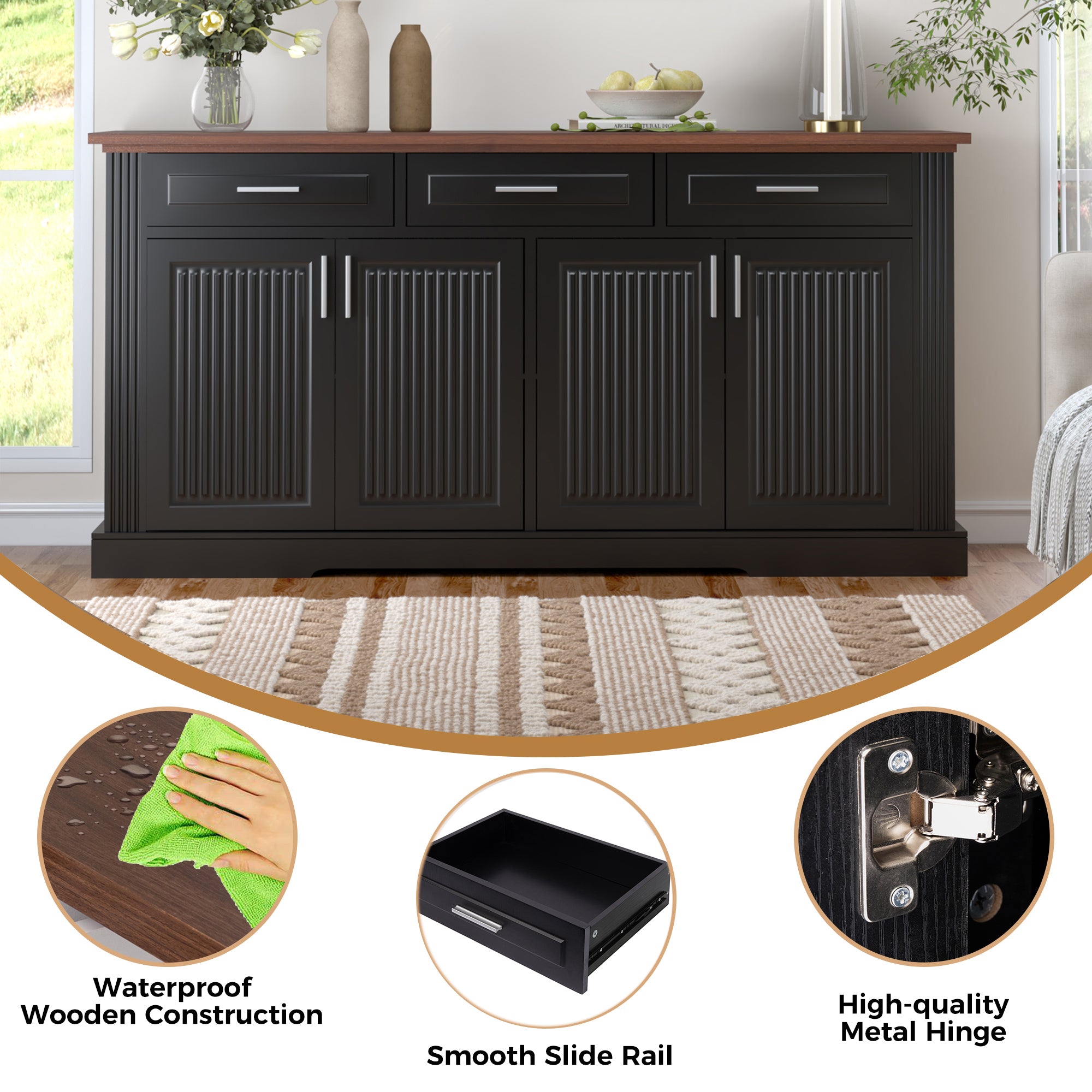 Black Fluted Sideboard Buffet Cabinet with 4 Doors and 3 Drawers, Modern Wood Kitchen Storage Console Table for Living Room Dining Room Entryway, 63' - Grand Goldman Shop