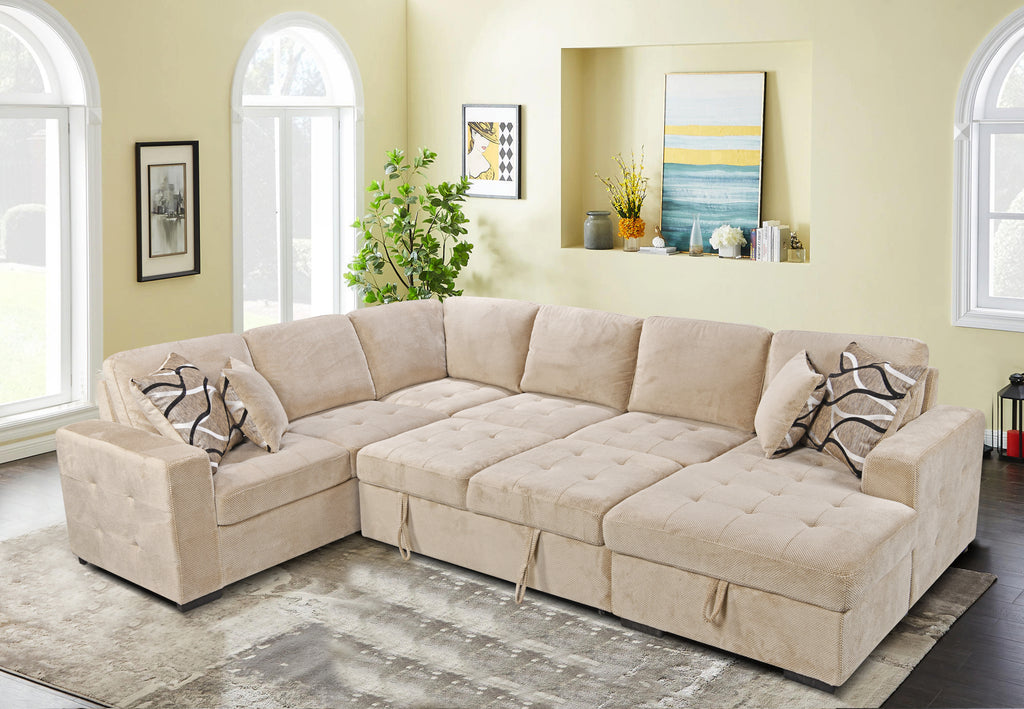 123' Oversized Sectional Sofa with Storage Chaise, U Shaped Sectional Couch with 4 Throw Pillows for Large Space Dorm Apartment. Beige - Grand Goldman Shop