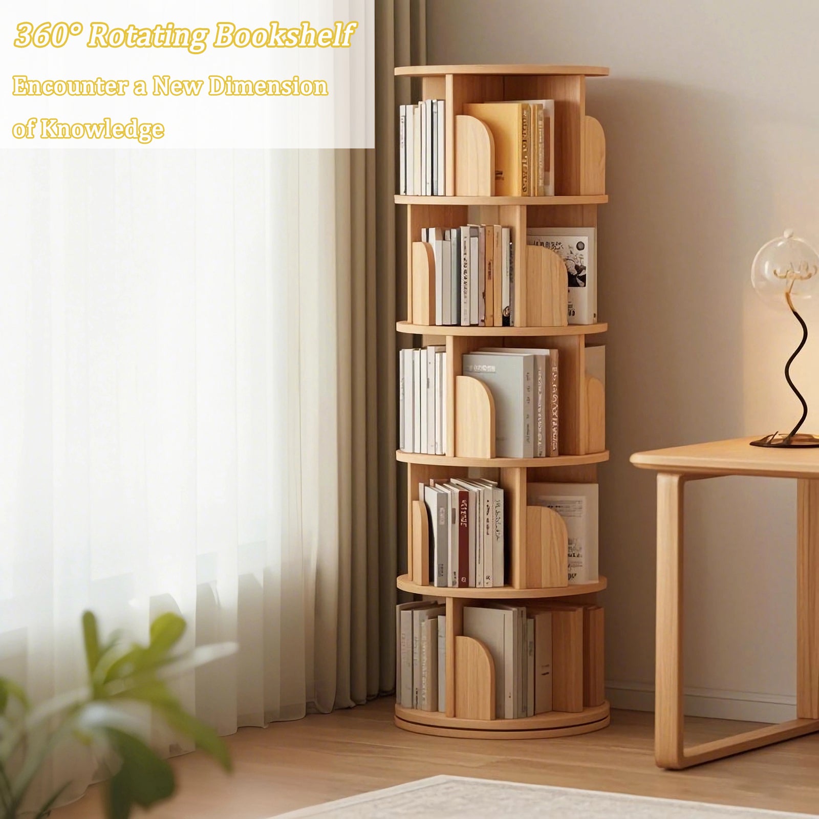 5 Tier Rotating Bookshelf, 360° Display Round Spinning Bookshelf, Space-Saving, Small Space Rotating Bookshelf Tower for Bedroom, Living Room, Home, Office, Wood Color - Grand Goldman Shop