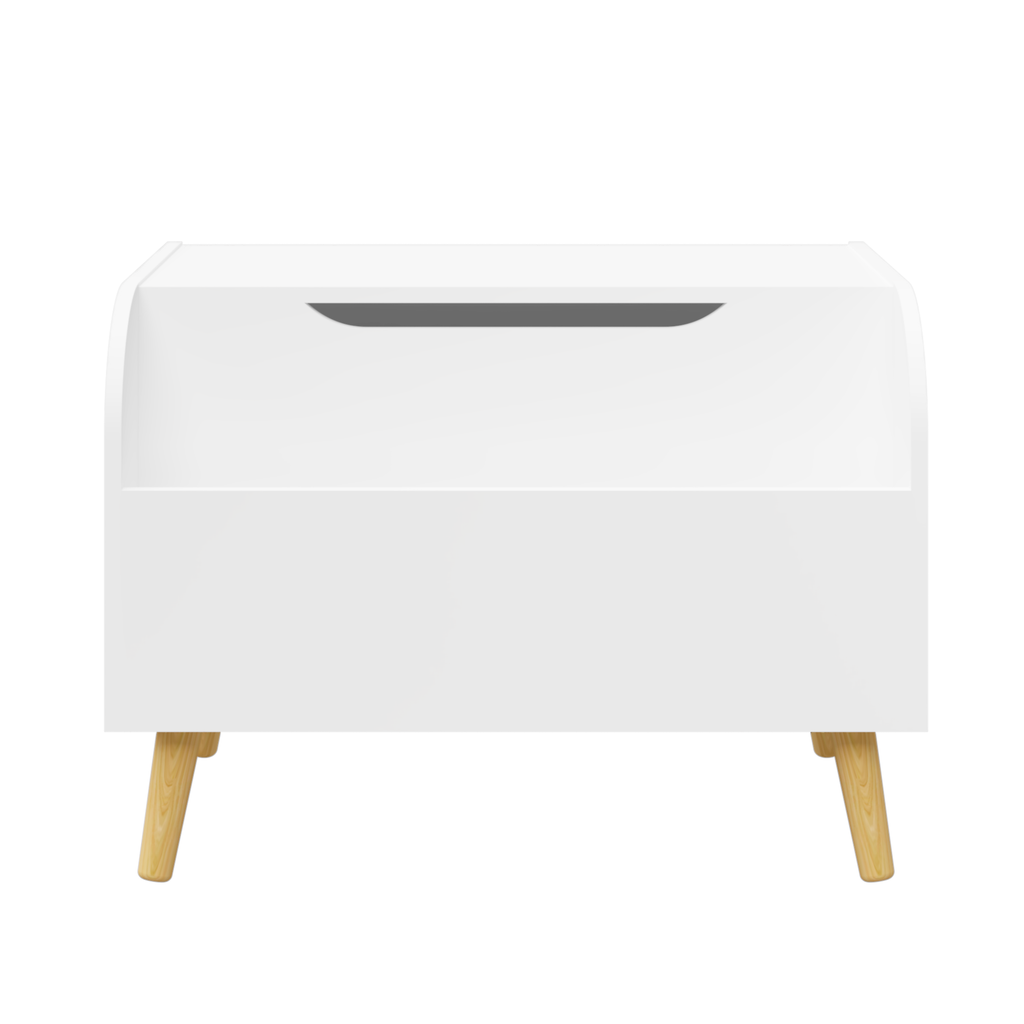Wooden Toy Box with Front Bookshelf, Flip-Top Lid, Safety Hinge for Kids Room Organization in White, Solid Wood & MDF Constru