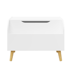 Wooden Toy Box with Front Bookshelf, Flip-Top Lid, Safety Hinge for Kids Room Organization in White, Solid Wood & MDF Constru