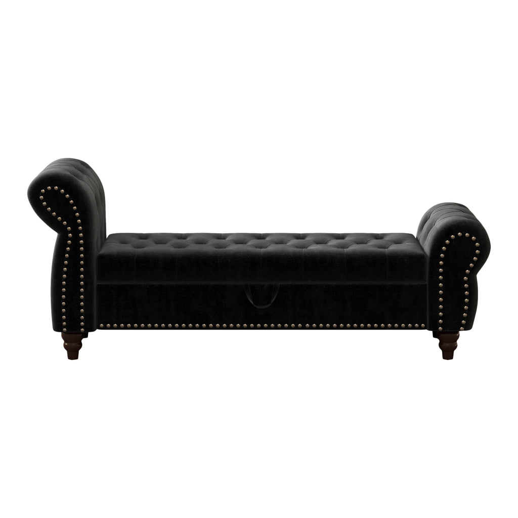 64.5' Bed Bench for Bed Room Nails Tufted Chaise of Lounge with Storage Velvet Upholstery Black - Grand Goldman Shop